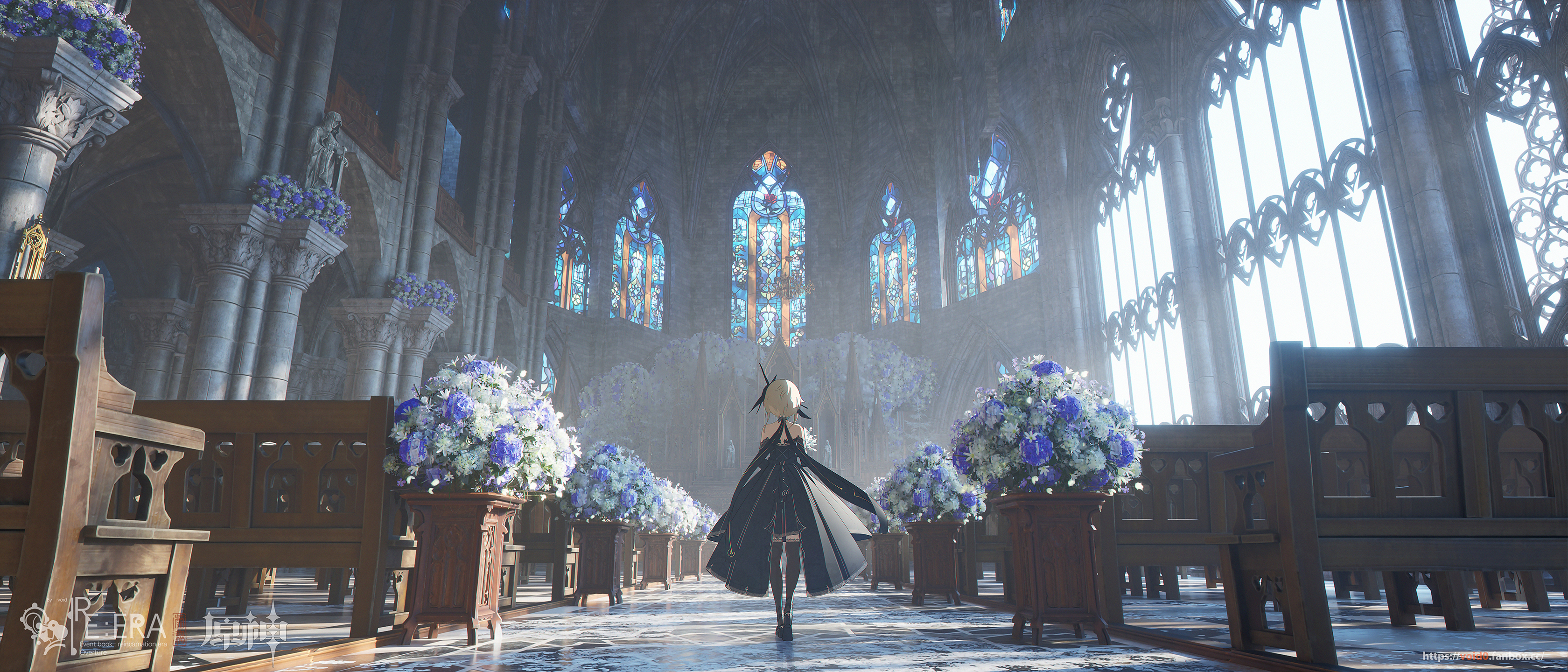 Anime 3360x1440 anime anime girls Genshin Impact Lumine (Genshin Impact) flowers cathedral stained glass void_0