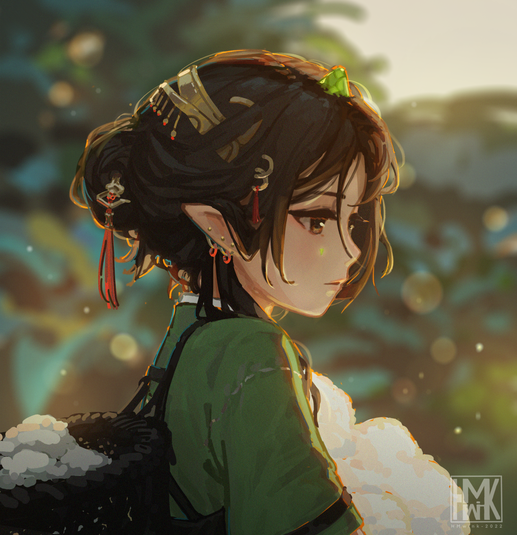 Anime 1979x2048 Hua Ming wink chinese clothing cotton anime girls pointy ears brunette brown eyes ear piercing short hair blurred blurry background earring original characters hair ornament artwork Yun Xi looking away