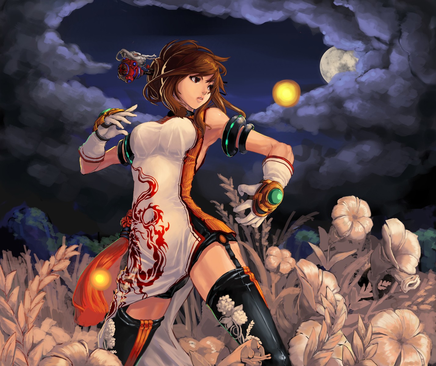 General 1428x1200 video game art sky Moon night moonlight clouds video games short hair gloves flowers Chinese dress stockings looking away Dungeon and Fighter