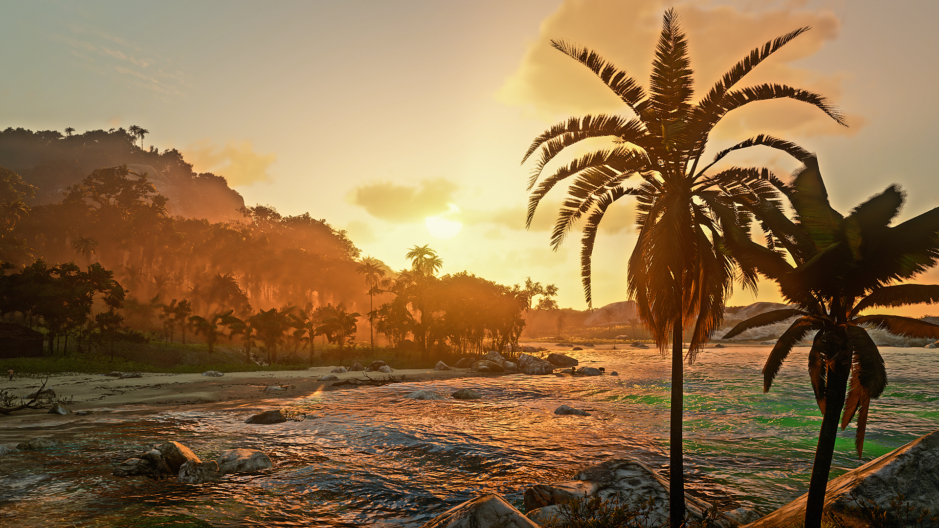 General 1920x1080 Red Dead Redemption 2 video game art video games nature clouds Sky (game) trees screen shot sunset sunset glow sky palm trees water waves