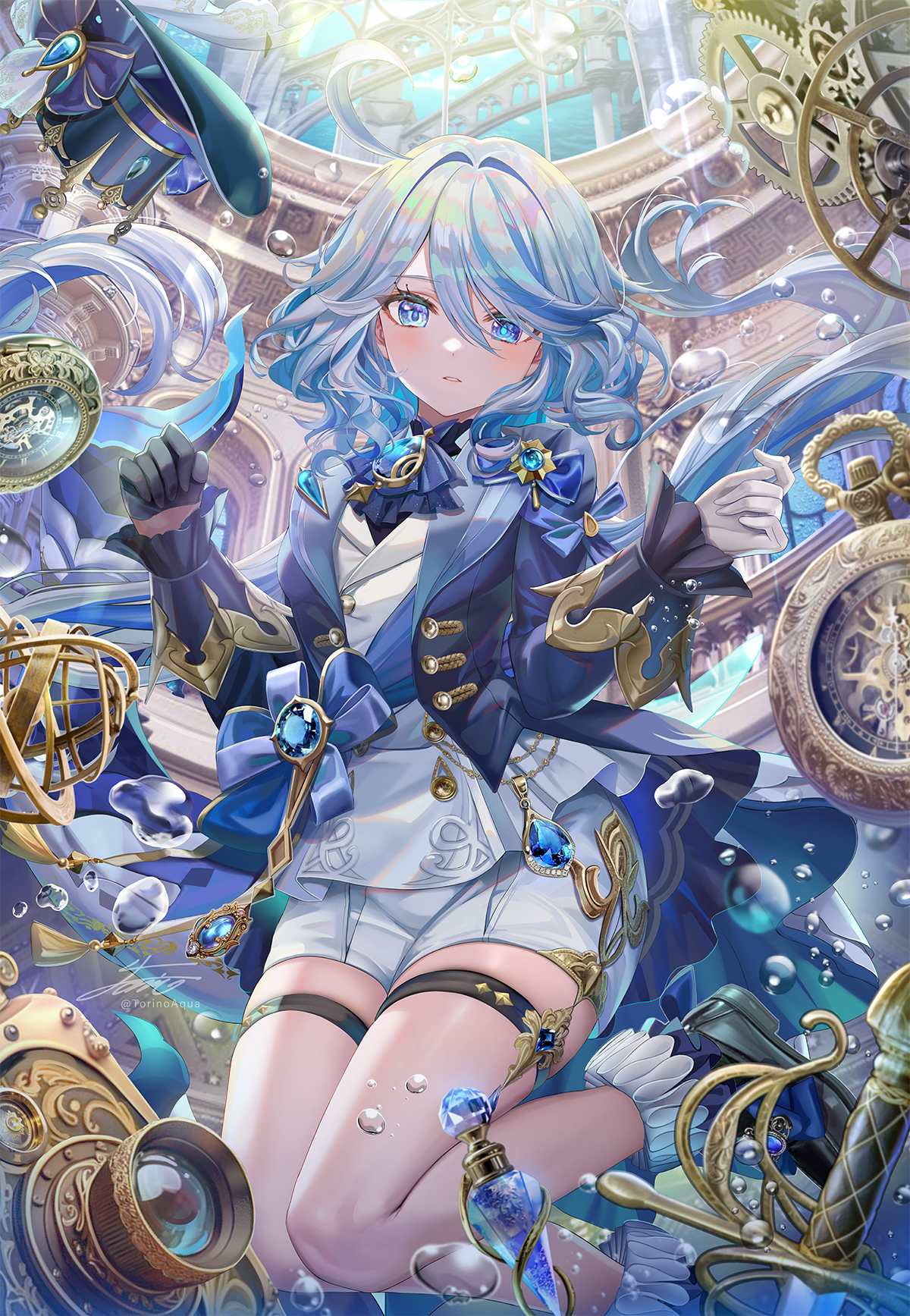 Anime 1200x1735 anime anime girls Pixiv portrait display Furina (Genshin Impact) Genshin Impact dress blue hair blue eyes looking at viewer gloves two tone hair water drops heterochromia sunlight hat gears weapon mismatched gloves water Torino Akua