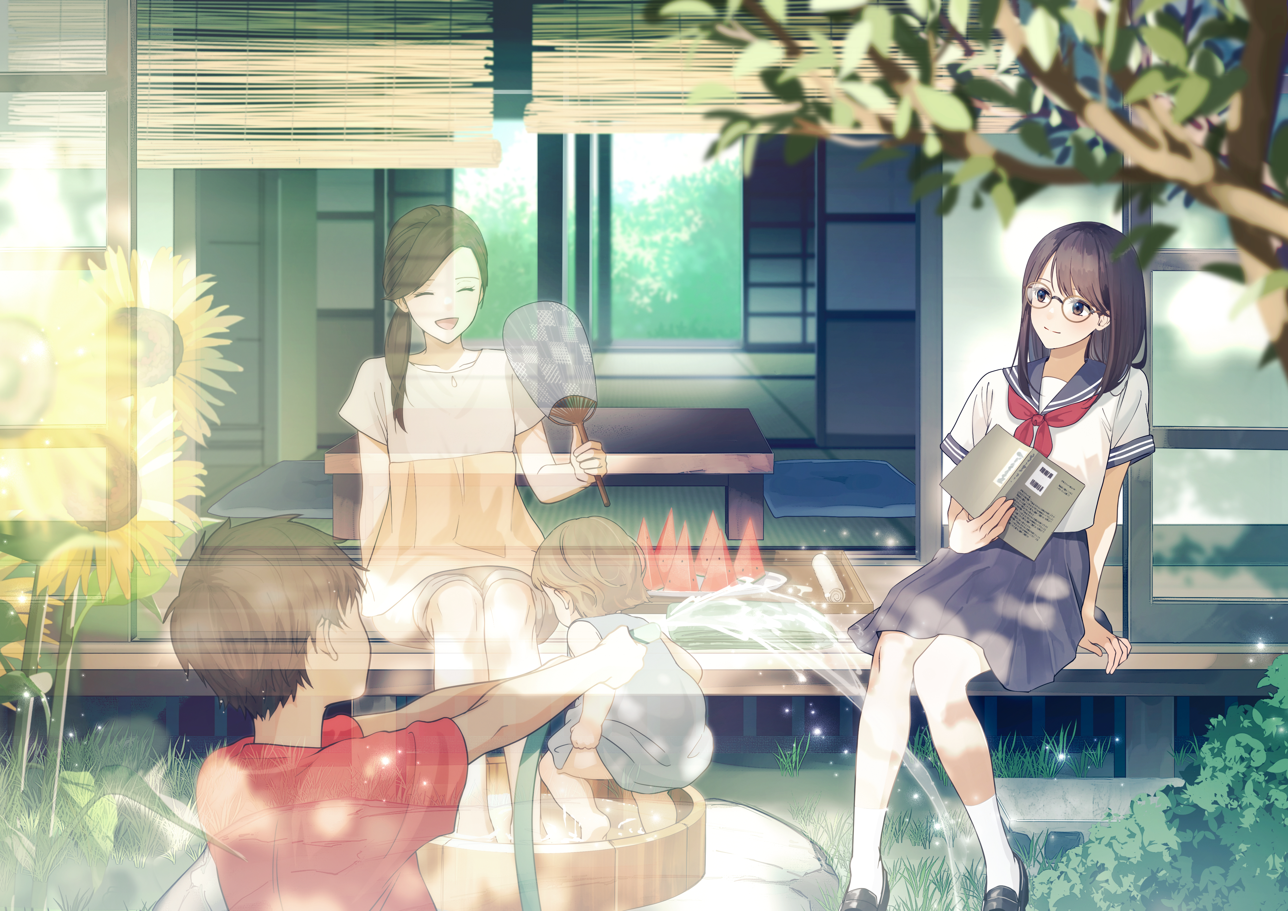 Anime 4093x2894 anime anime girls schoolgirl school uniform transparency anime boys waterhose water sunflowers sunlight sitting leaves smiling glasses books table closed eyes children grass watermelons open mouth