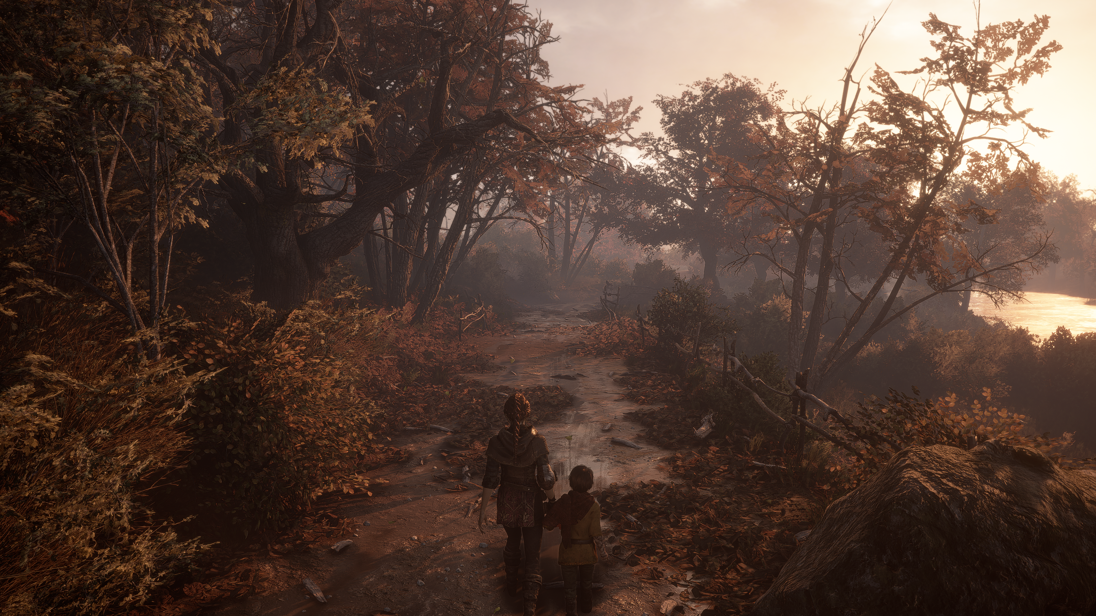 General 3840x2160 A Plague Tale Innocence Hugo (A Plague Tale Innocence) forest fall CGI Amicia video game art video game characters trees video games walking holding hands Asobo Studio