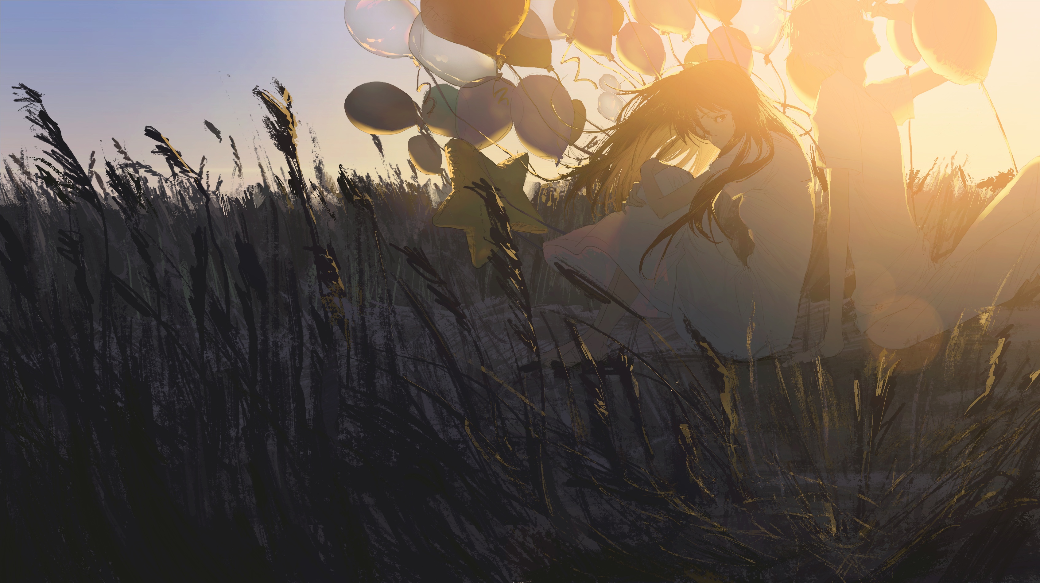 Anime 3388x1900 anime anime girls sunset sunset glow balloon sunlight field sky sitting long hair looking at viewer