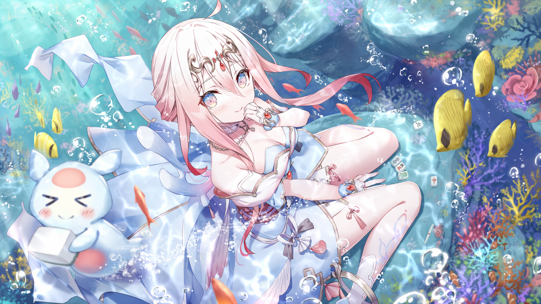 Anime 1777x1000 anime anime girls gradient hair long hair water underwater in water bubbles looking at viewer smiling fish animals coral sunlight sitting cleavage big boobs blushing dress