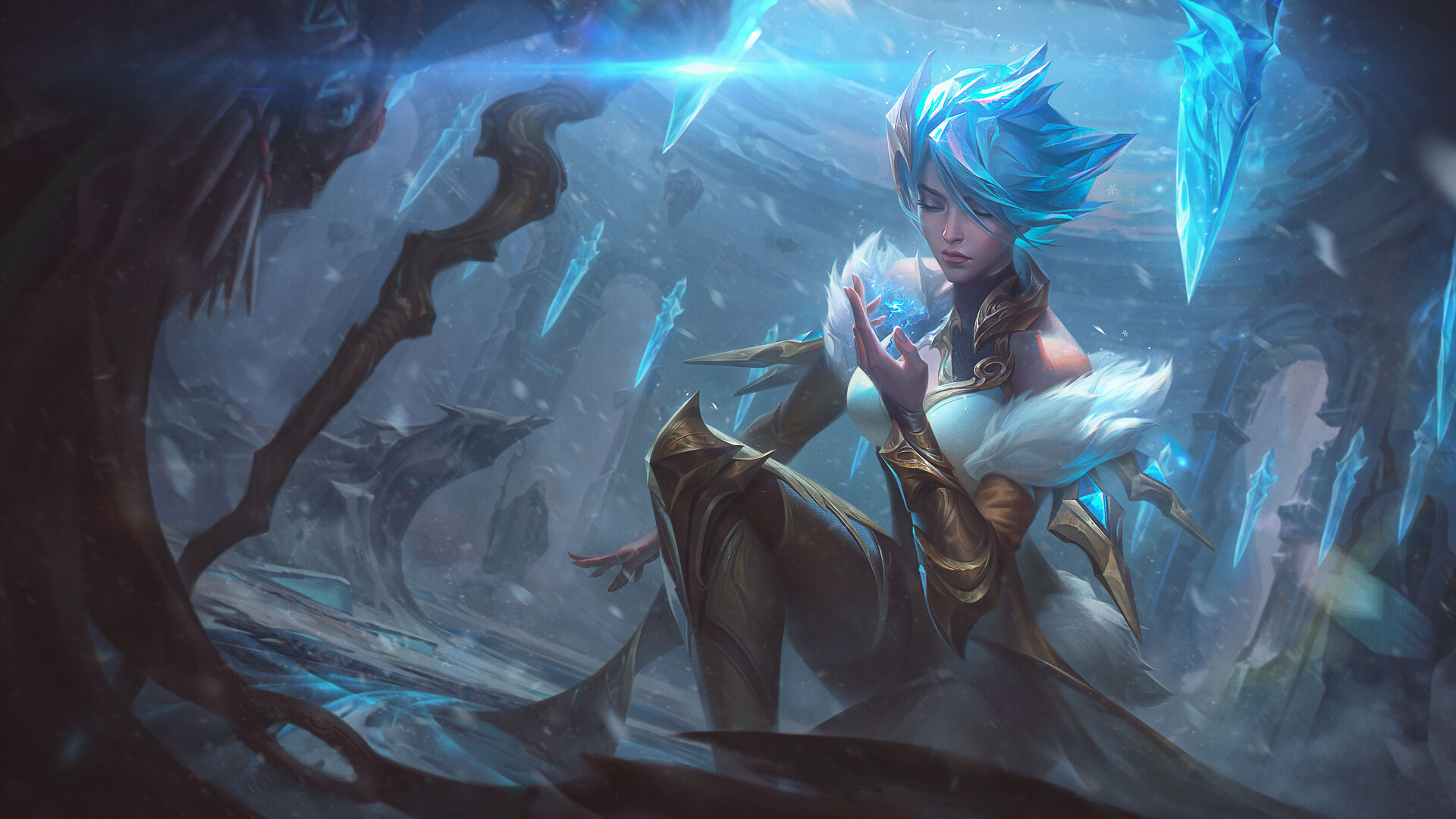 General 1920x1080 Chace drawing Irelia (League of Legends) blue hair ice women video games League of Legends video game characters video game girls closed eyes short hair