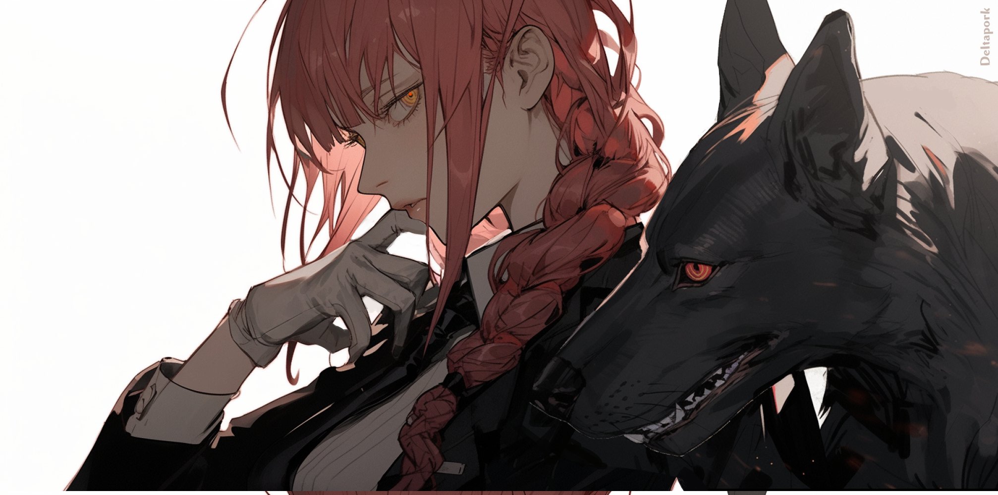 Anime 2014x1000 Makima (Chainsaw Man) Chainsaw Man dog looking at viewer braids redhead yellow eyes simple background animals long hair white background gloves anime girls minimalism