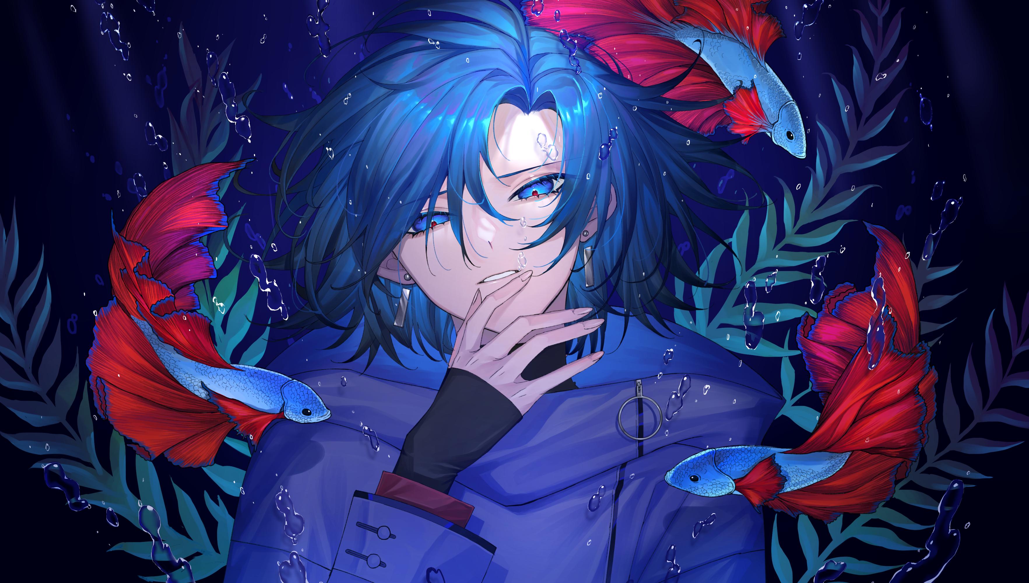 Anime 3530x2000 anime boys anime artwork fish looking at viewer water underwater bubbles animals blue hair blue eyes earring in water short hair Mituki