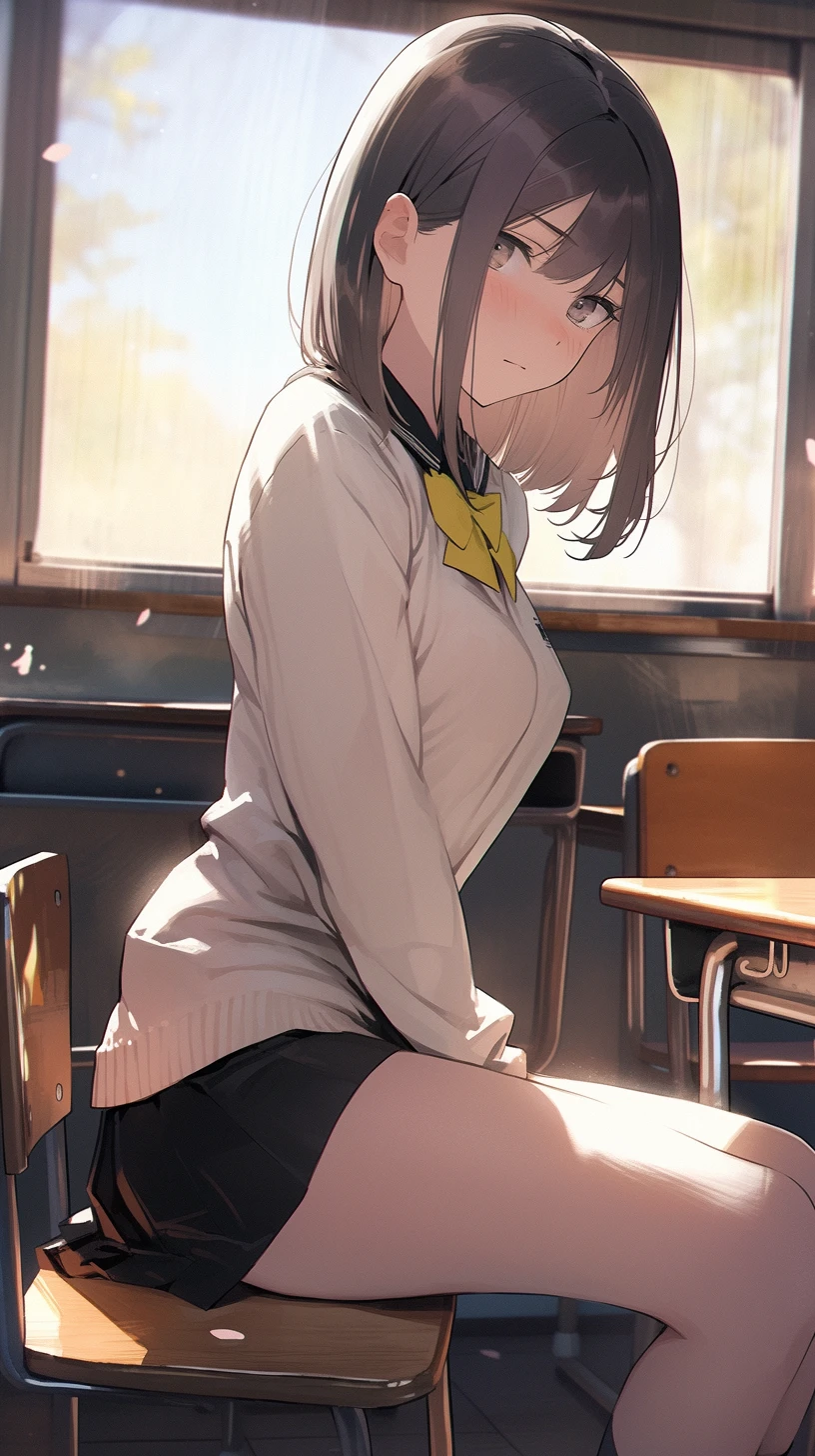 Anime 816x1456 AI art anime girls schoolgirl school uniform portrait display sitting desk chair window short hair blushing looking at viewer digital art bow tie classroom skirt sunlight