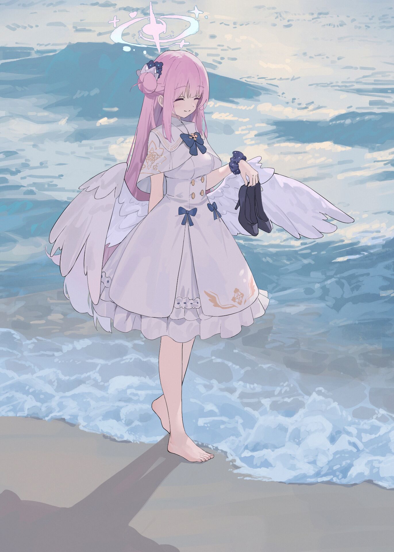 Anime 1371x1920 anime girls Blue Archive Misono Mika standing water waves uniform bow tie wings closed eyes hairbun pink hair walking portrait display shoes feet sand beach