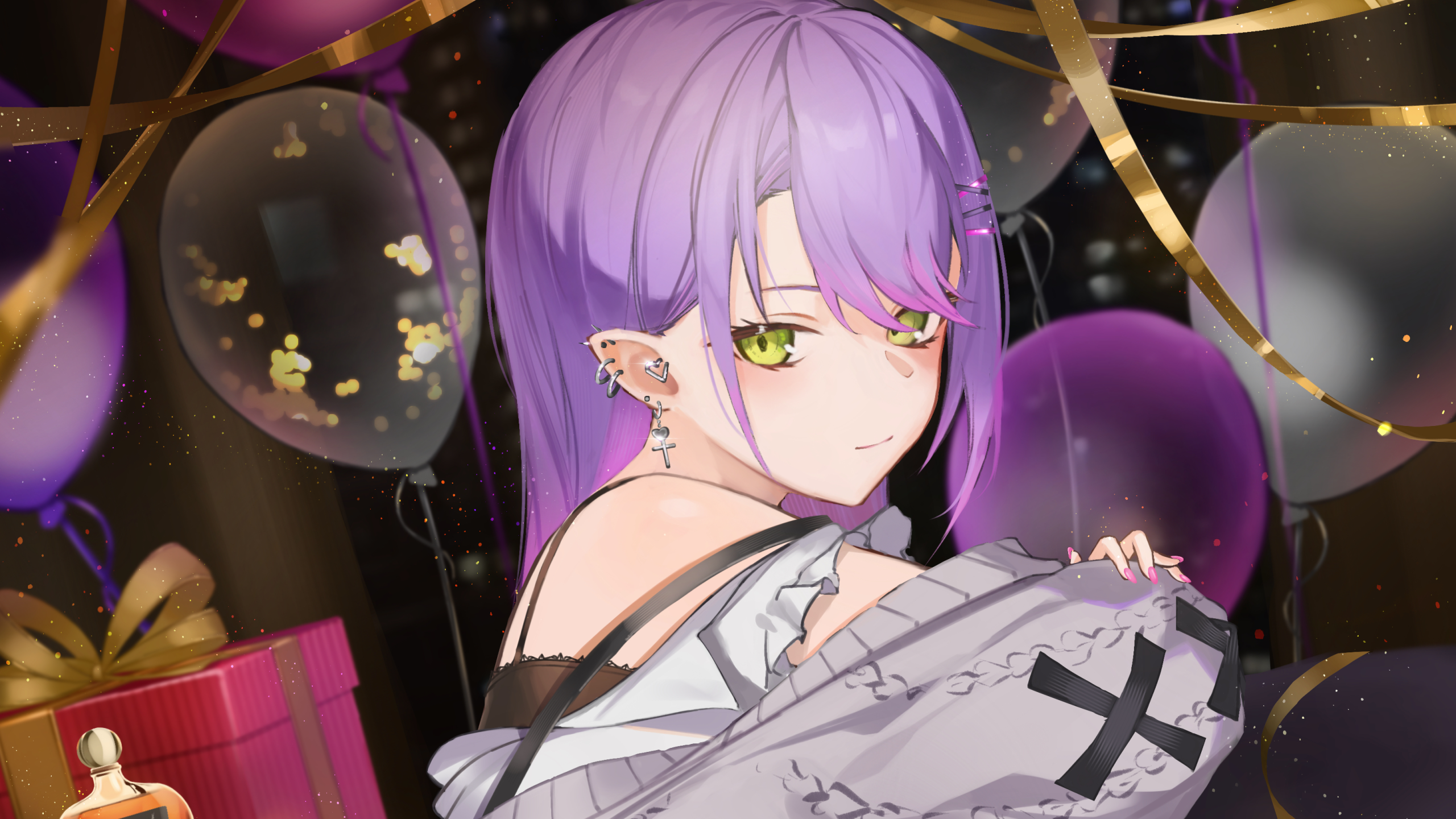 Anime 2560x1440 anime anime girls artwork balloon presents green eyes purple hair piercing looking at viewer earring smiling cross Hololive Virtual Youtuber Tokoyami Towa