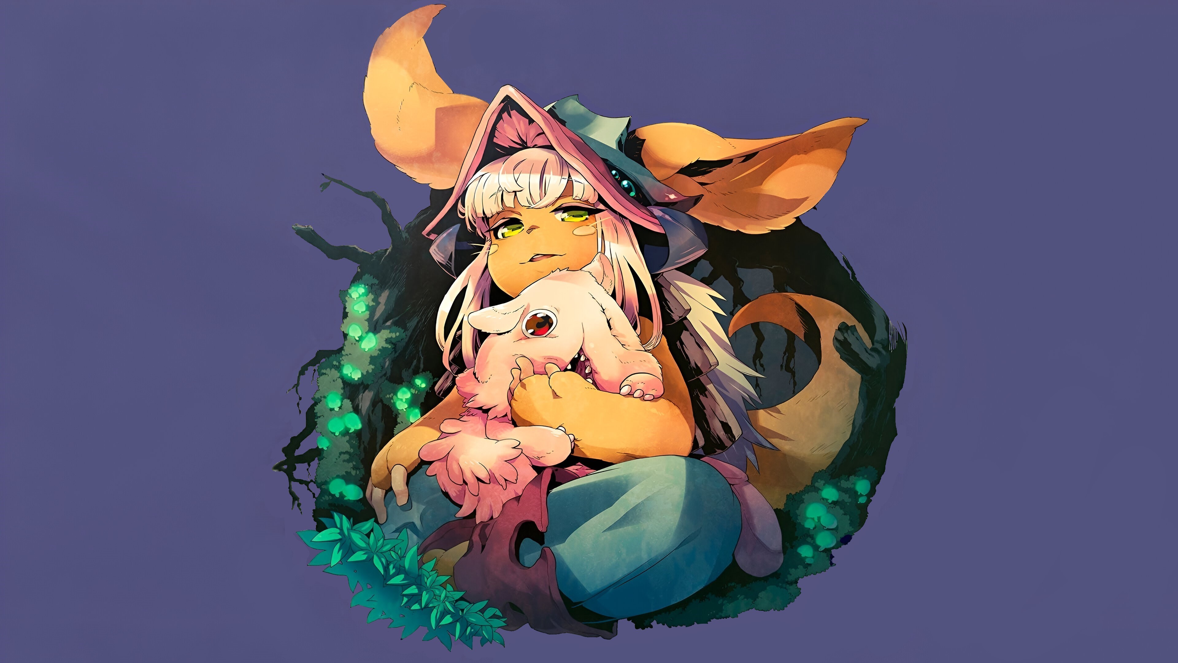 Anime 3840x2160 Nanachi (Made in Abyss) Mitty (Made in Abyss) Made in Abyss tail sitting looking at viewer simple background long hair animal ears minimalism leaves