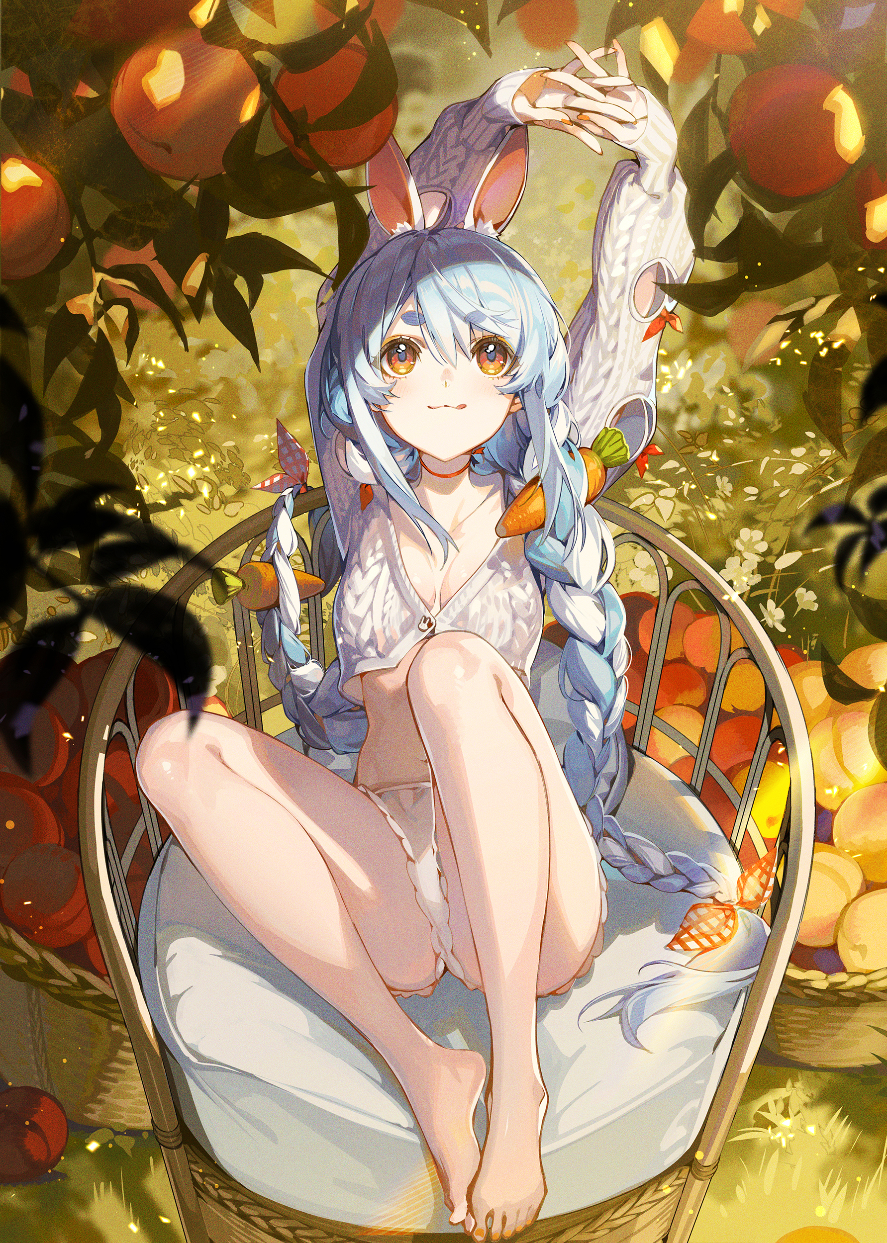 Anime 1783x2500 Hololive Usada Pekora fruit Virtual Youtuber portrait display smiling two tone hair braids twintails long hair anime girls looking up feet chair sitting leaves sunlight grass choker cleavage skimpy clothes AkiZero
