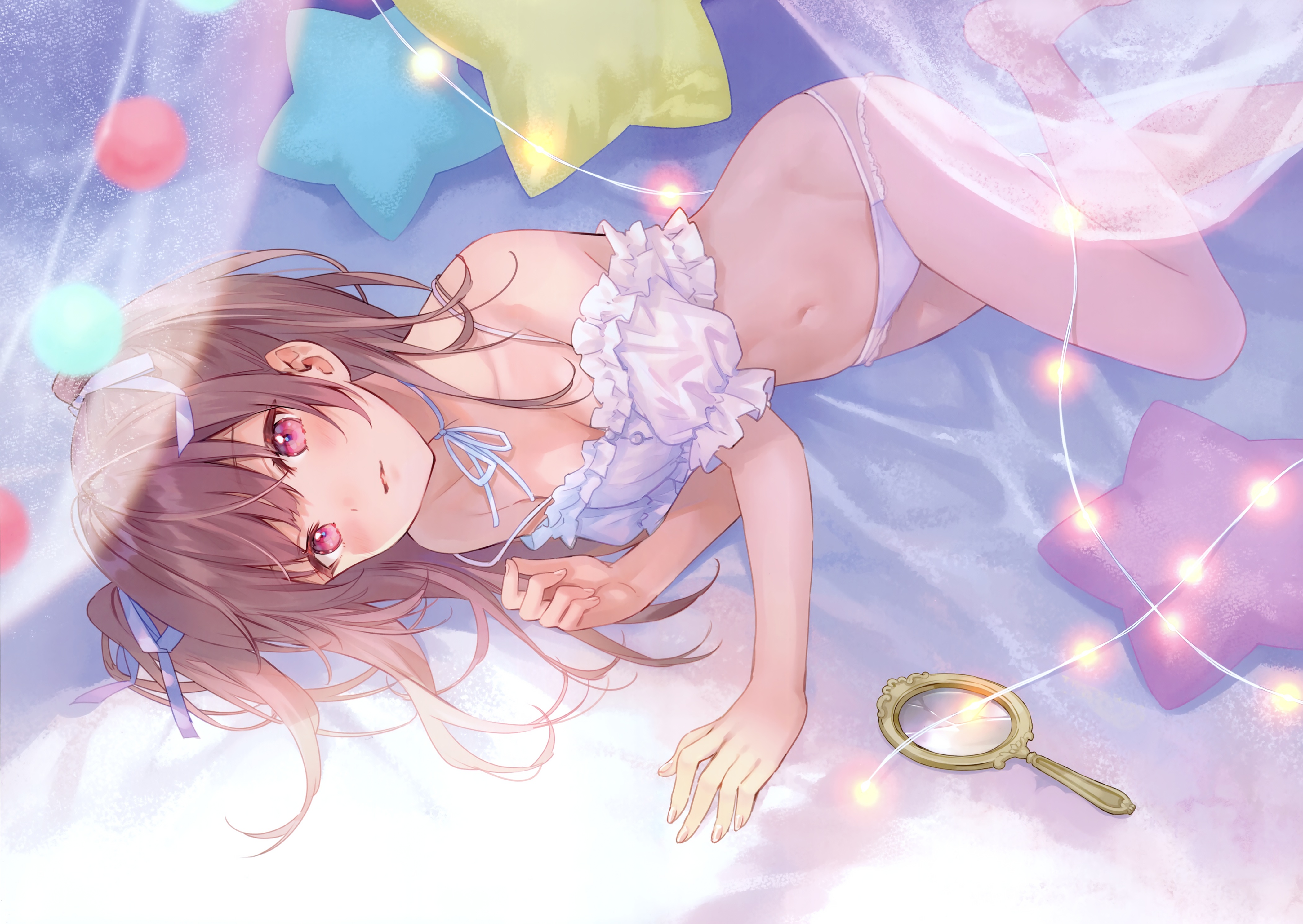 Anime 4202x2981 anime anime girls Fukahire Sanba underwear white panties blushing lying down lying on side panties looking at viewer pillow stars lights mirror long hair brunette cleavage twintails