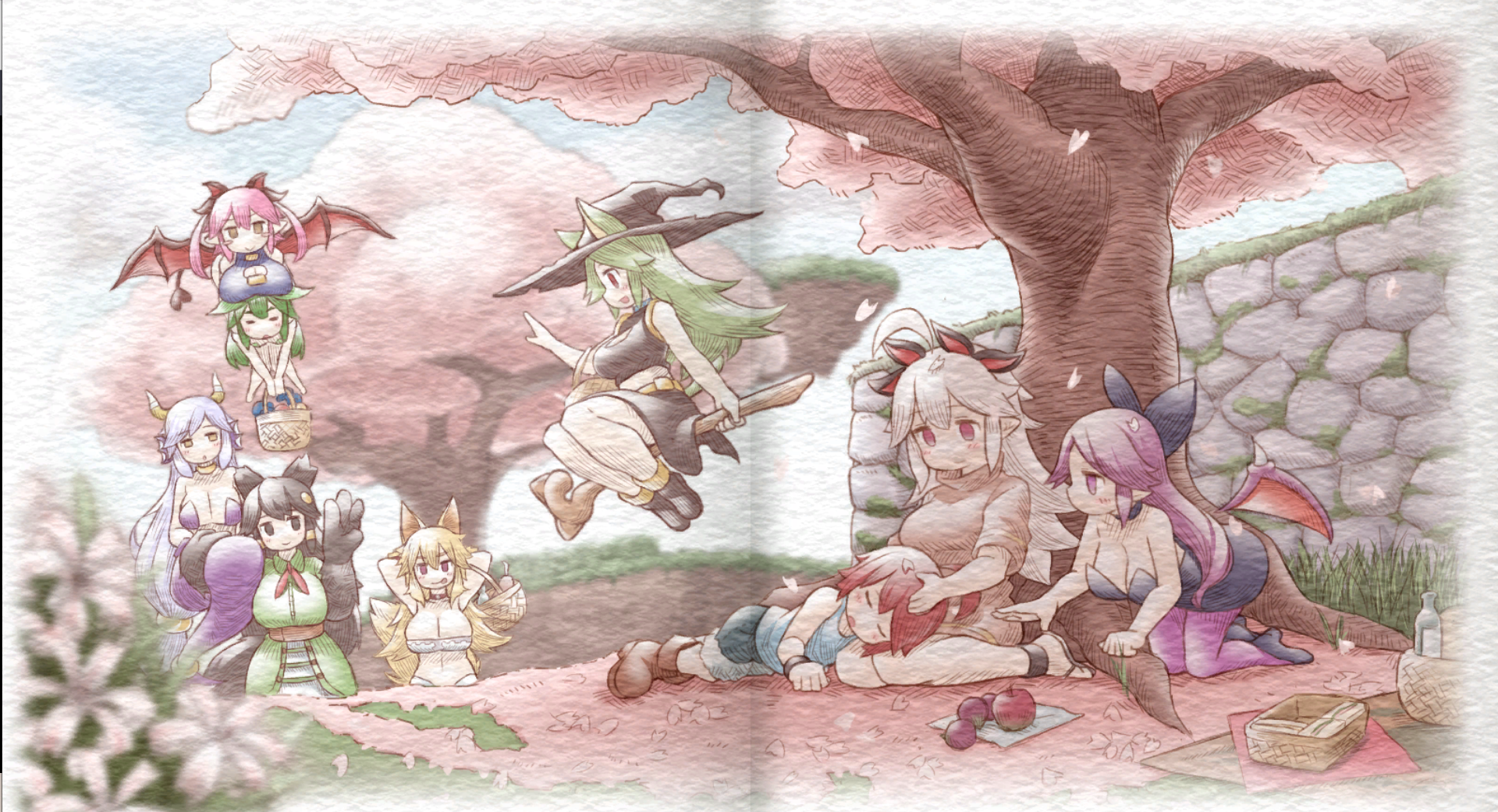 Anime 1920x1041 Beast-eared maiden chibi Succubus love anime girls cherry blossom petals witch hat witch's broom wings demon girls big boobs picnic sleeping closed eyes apples