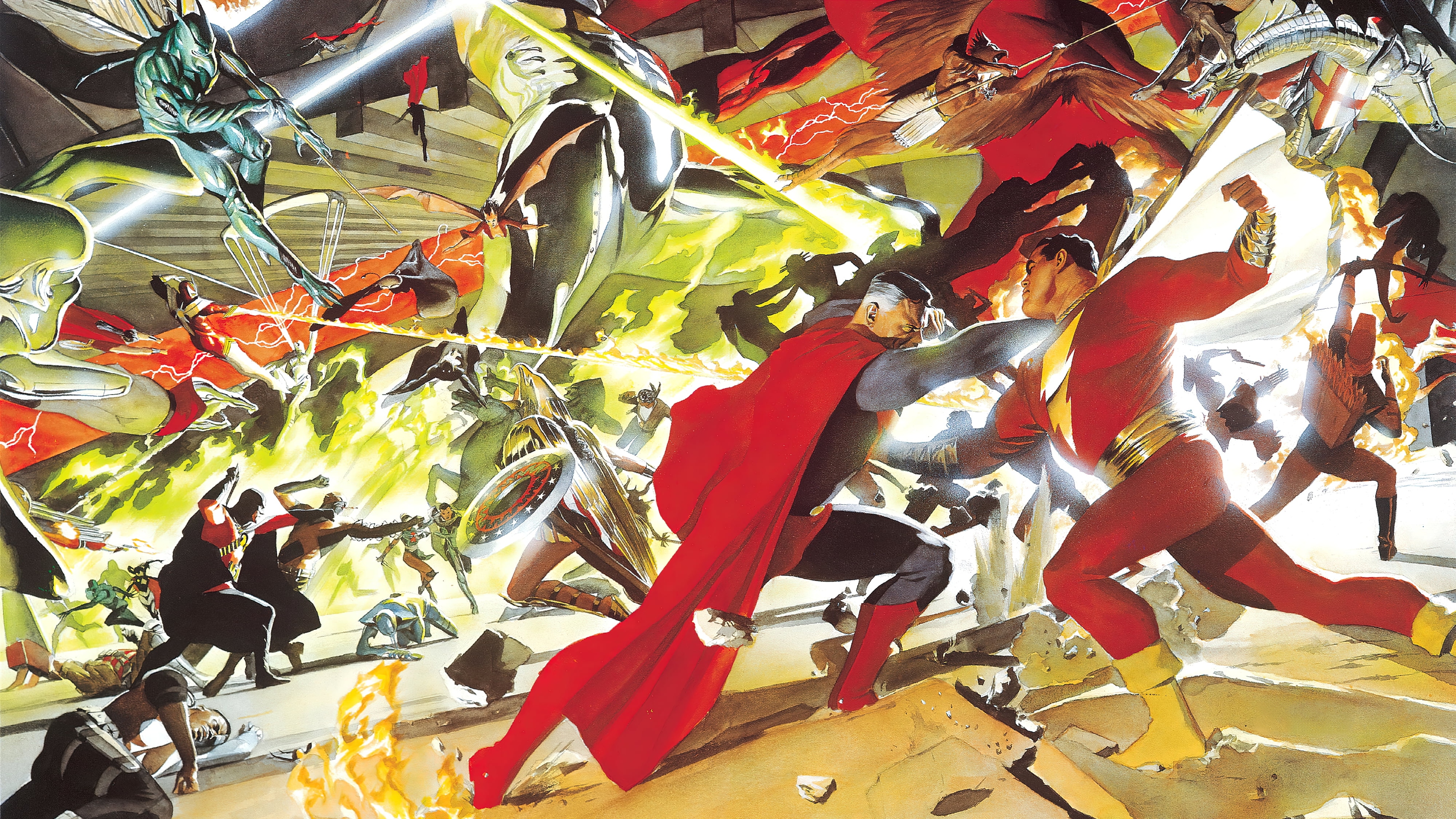 General 3840x2160 comics comix comic art superhero villains DC Comics Alex Ross Shazam Superman The Flash Hawkman Green Arrow artwork fighting digital art
