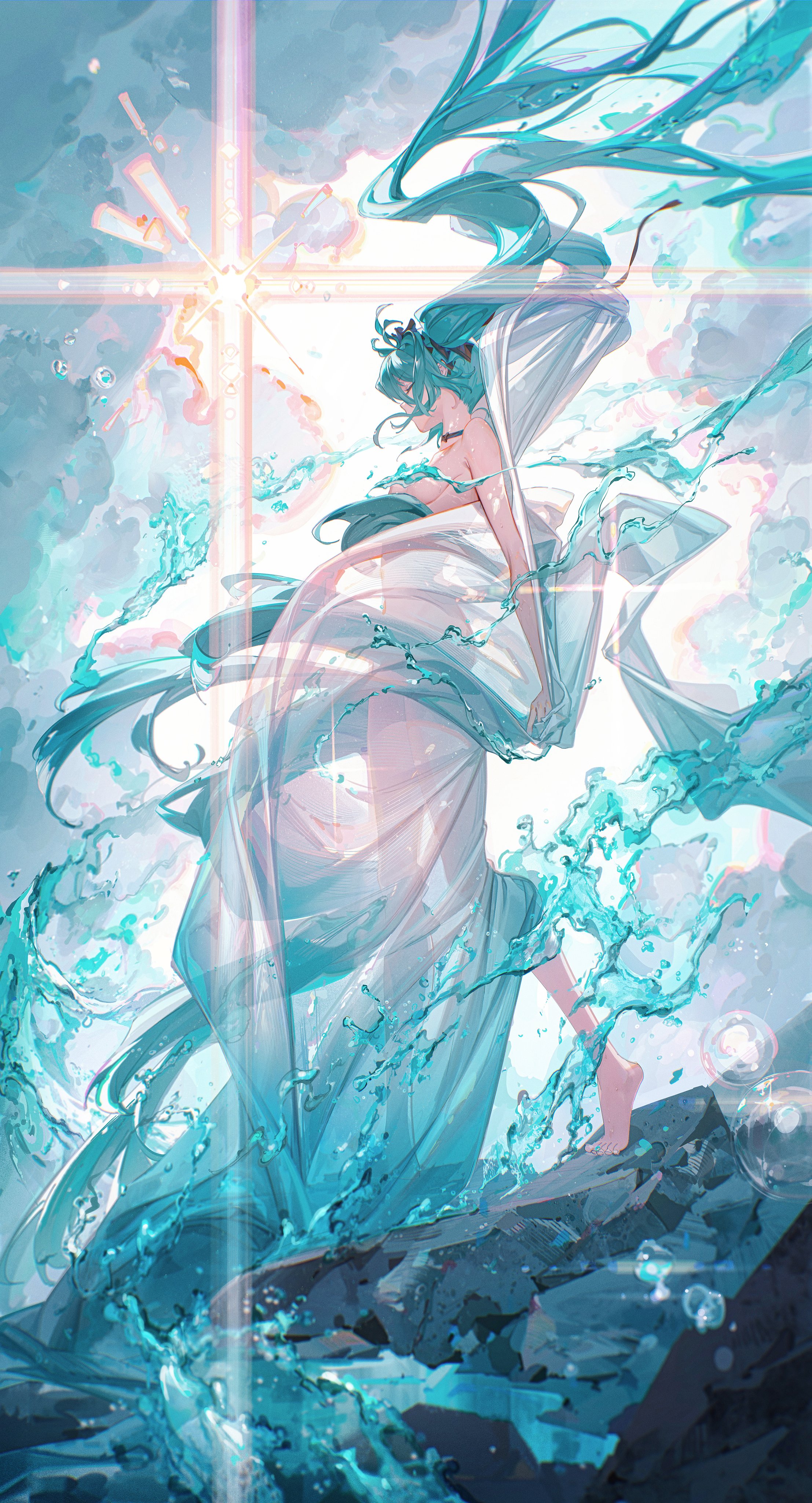 Anime 2214x4096 Vocaloid Hatsune Miku portrait display anime girls water drops twintails turquoise hair closed eyes profile women outdoors implied nude barefoot walking hair ribbon clouds sunlight sky long hair rocks Sun Ying Yi small boobs sideboob choker see-through clothing