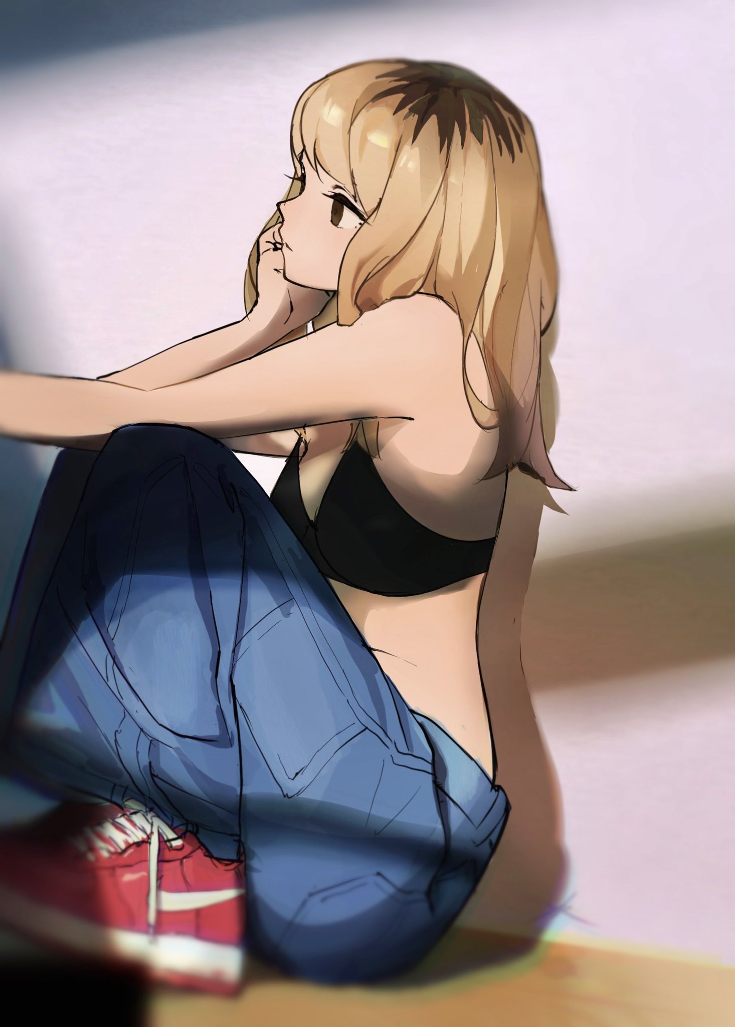 Anime 1466x2048 anime girls sketches portrait display long hair two tone hair looking away shoes hand on face sitting drawing