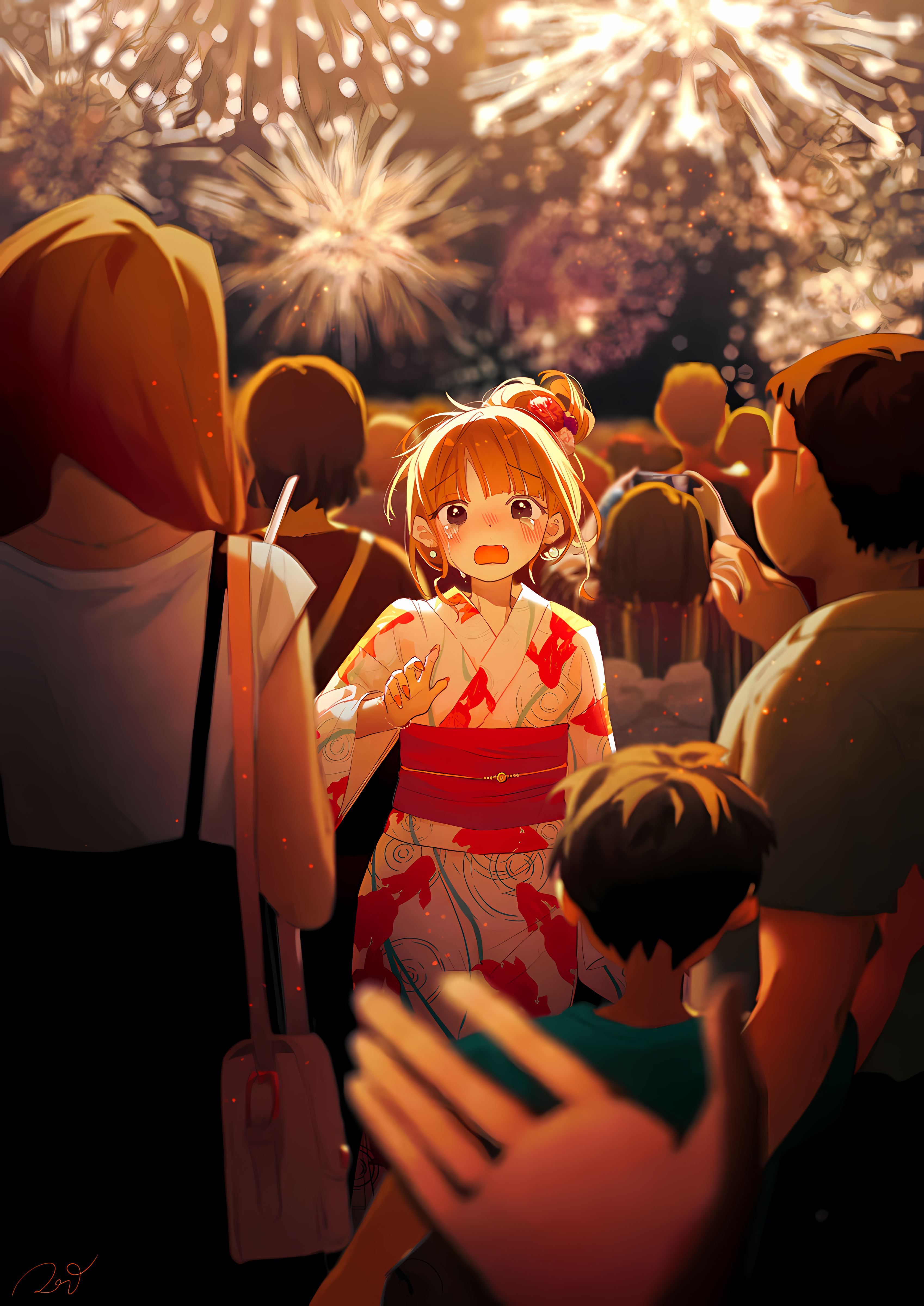 Anime 3396x4800 anime anime girls kimono portrait display tears crying crowds blurred blurry background fireworks looking at viewer arms reaching signature short hair purse hands earring sky Potg