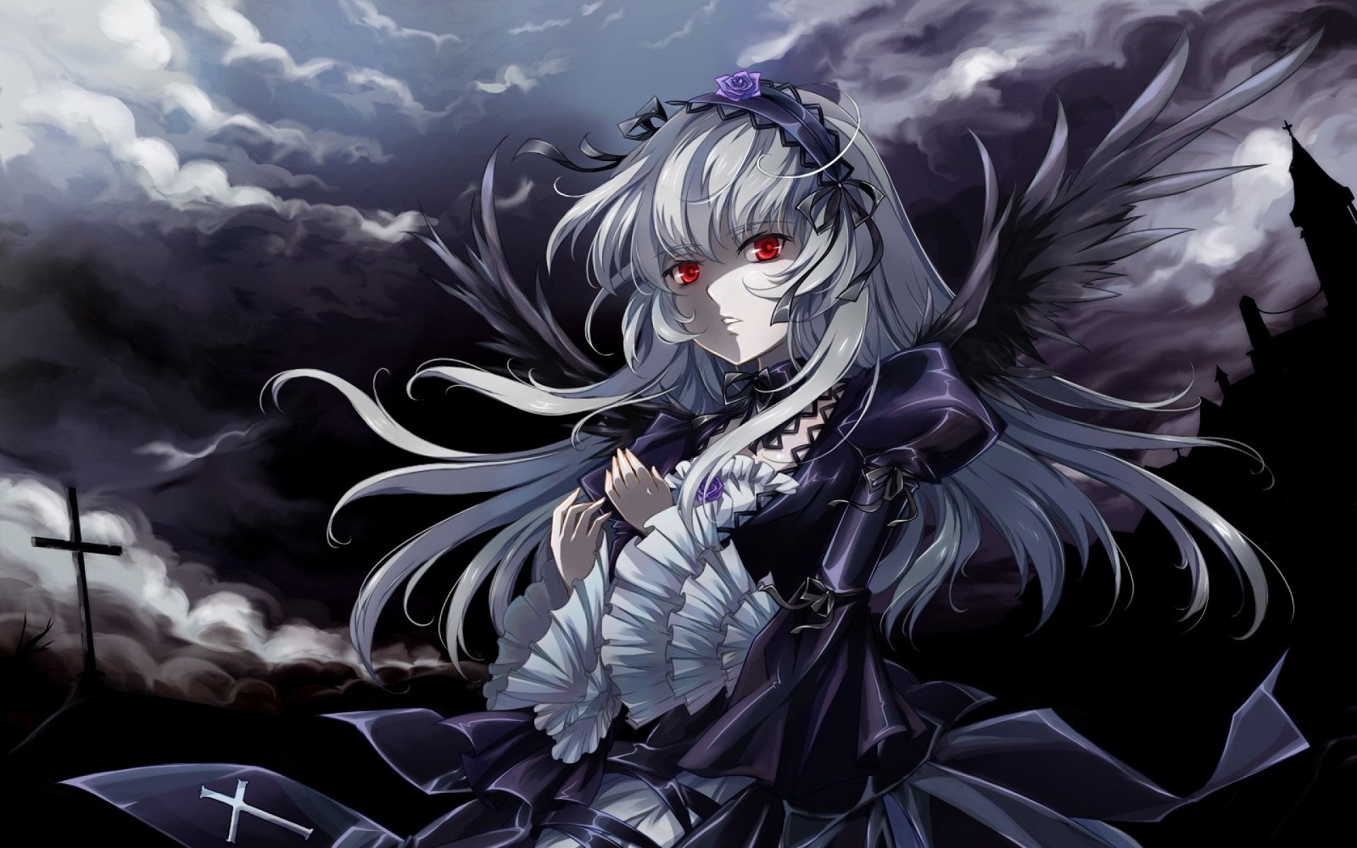 Anime 1920x1200 anime girls Gothic long hair looking at viewer sky clouds red eyes white hair wings cross dress