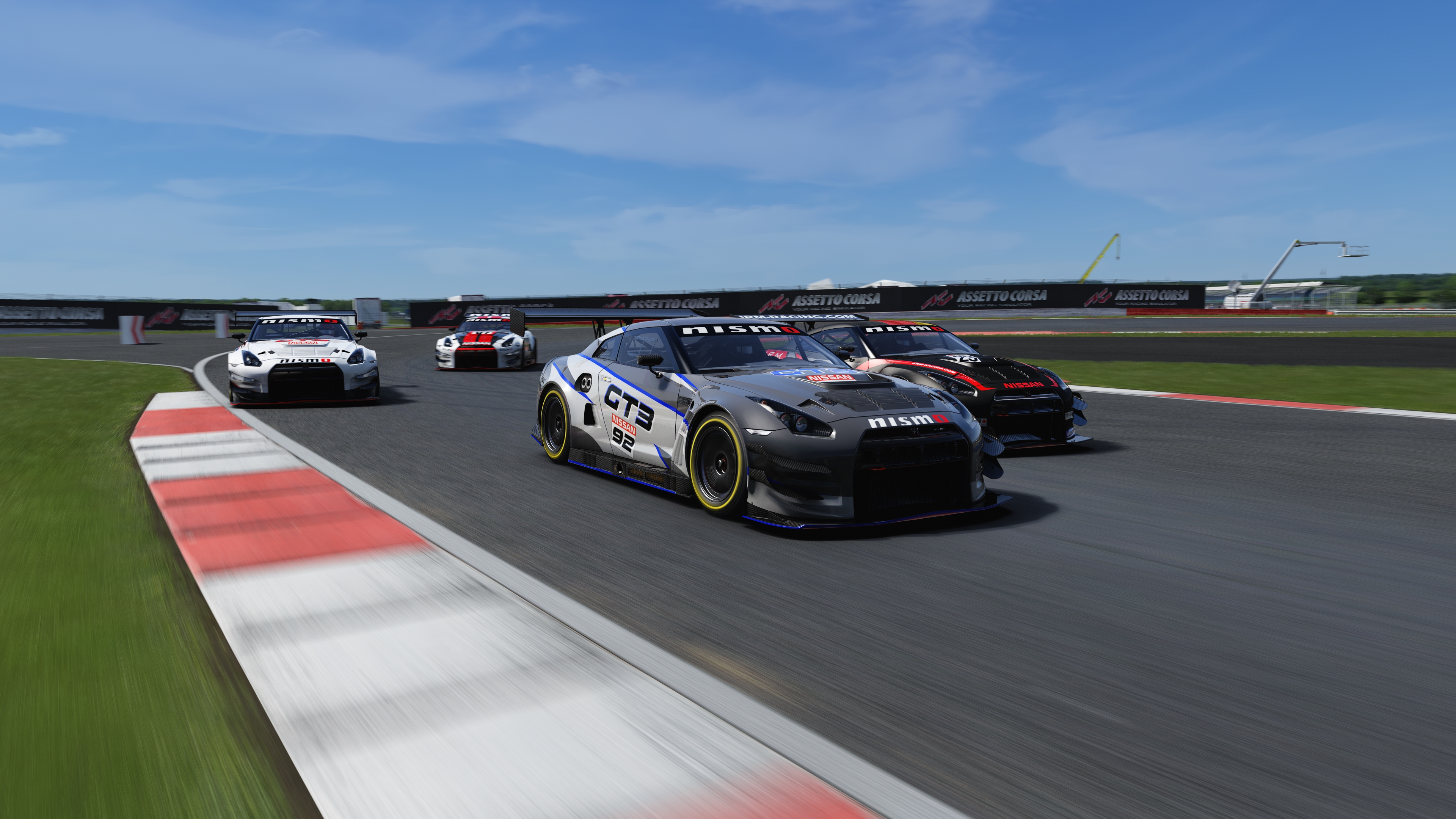 General 3840x2160 GT3 racing Nissan GT-R Nissan GT-R NISMO Silverstone Assetto Corsa frontal view CGI car race cars racing video games race tracks sky clouds vehicle grass