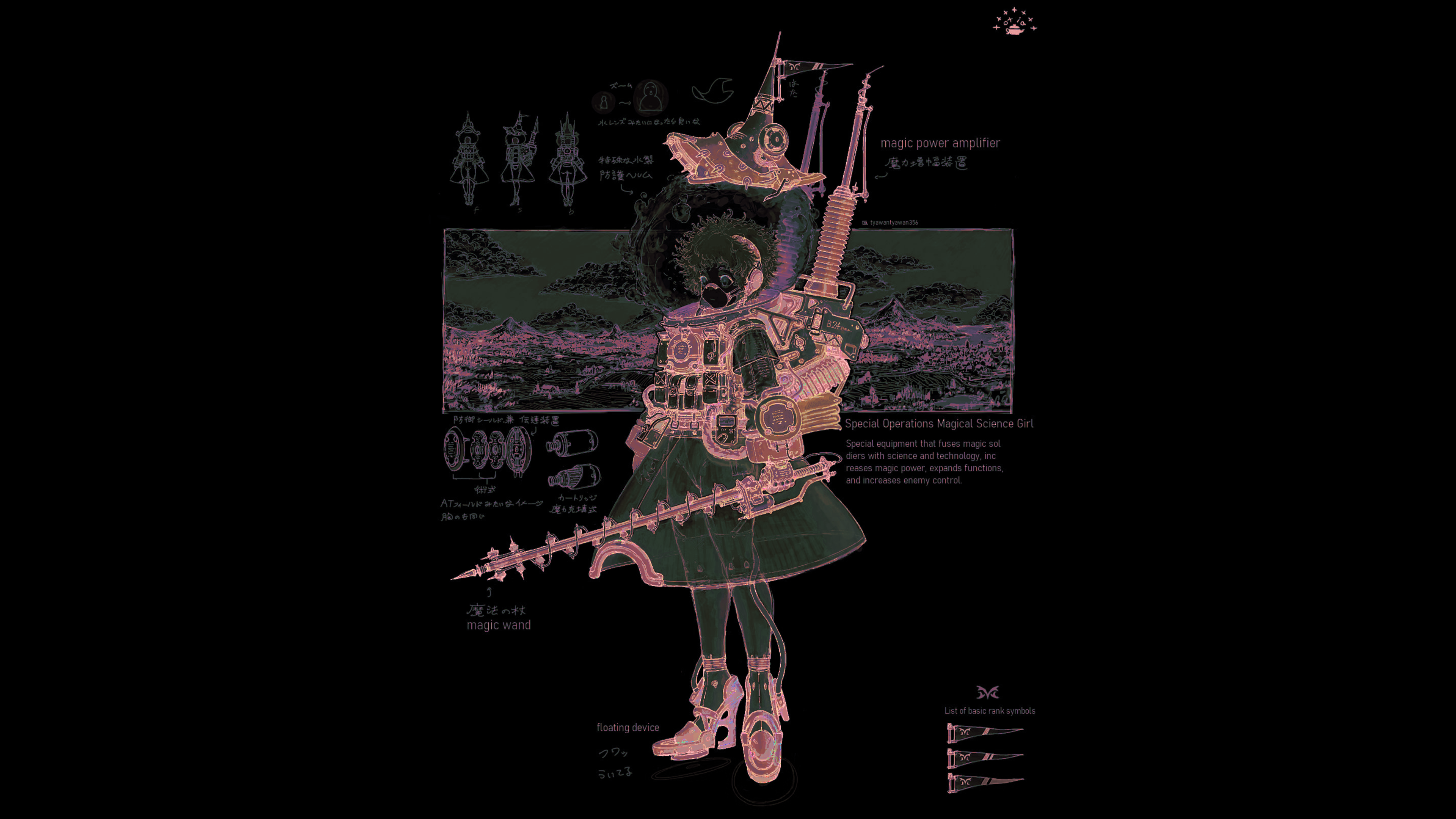 Anime 3840x2160 magical girls science military industrial curly hair weapon heavy equipment army map schematic infographics detailed ropes shoes skirt lance glass engine girl in armor water steampunk steampunk girl punk diagrams dark dark background Brutalism mountains witch original characters