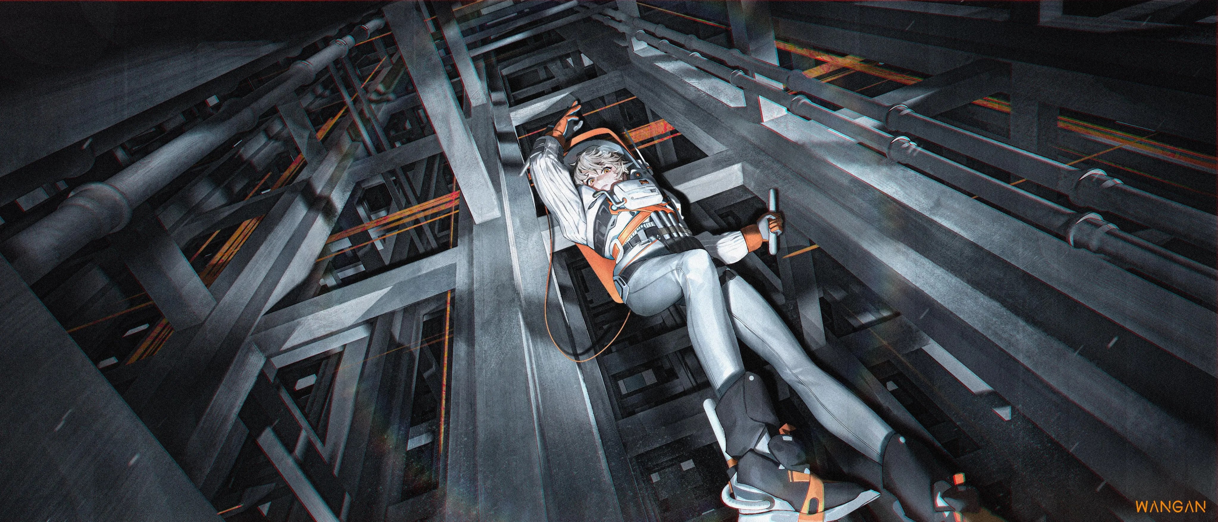 Anime 4096x1755 anime anime girls artwork spacesuit looking at viewer falling signature