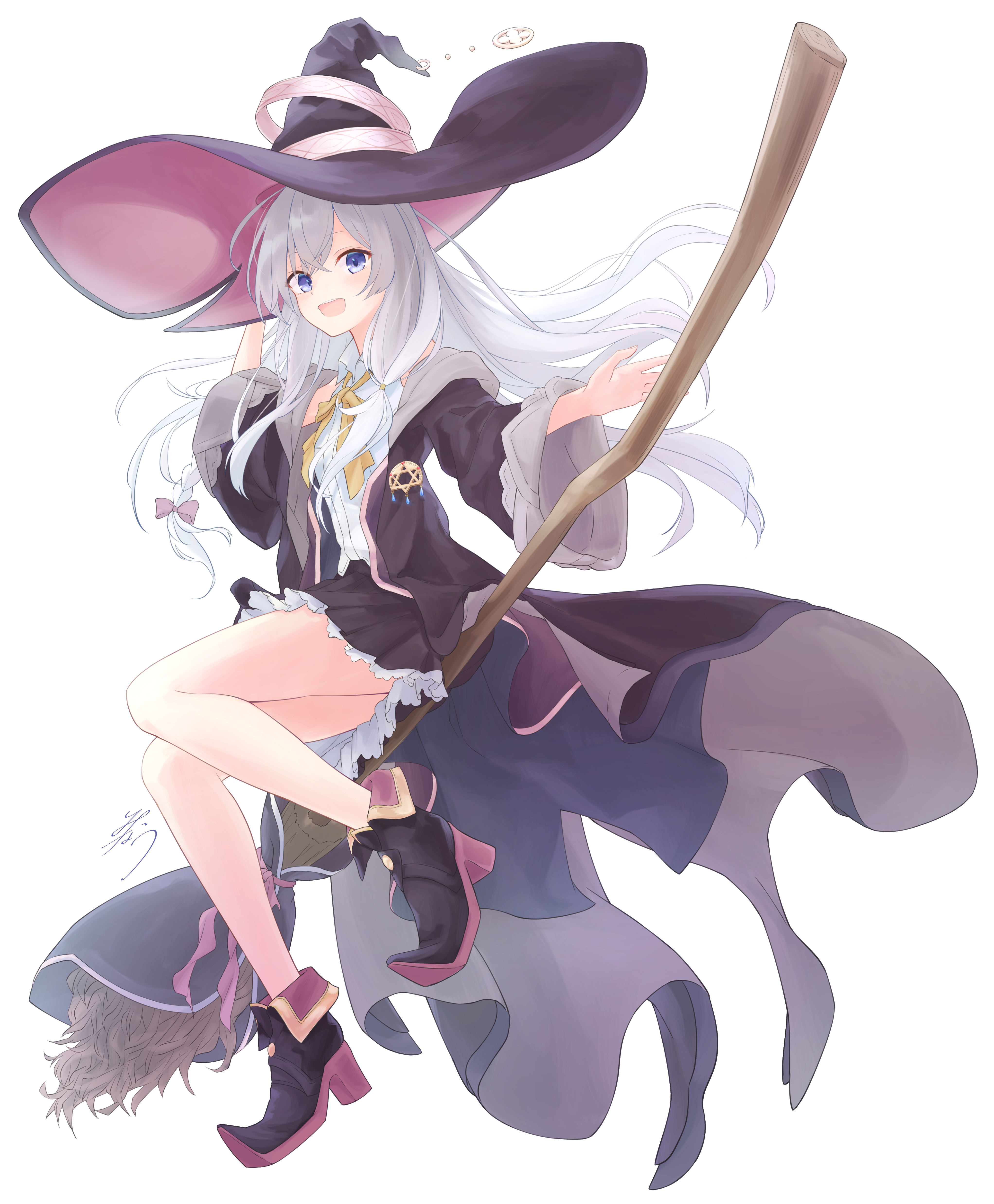 Anime 4088x4948 Elaina (Majo no Tabitabi) Majo no Tabitabi gray hair anime girls blue eyes witch witch hat witch's broom open mouth simple background braids white background long hair minimalism signature