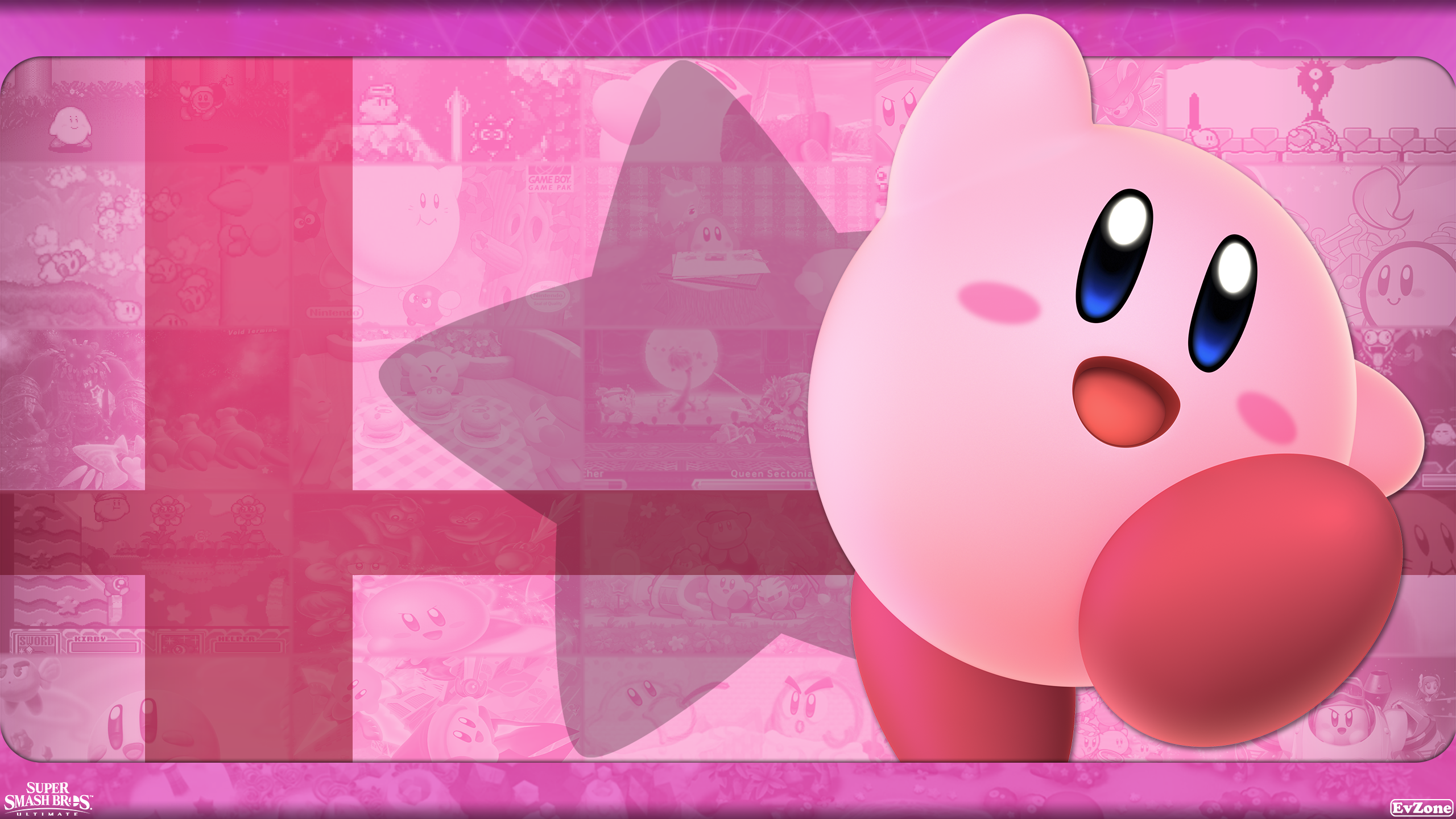 General 2560x1440 Kirby Super Smash Bros. Ultimate Nintendo pink background Super Smash Brothers video games digital art watermarked video game characters pink open mouth