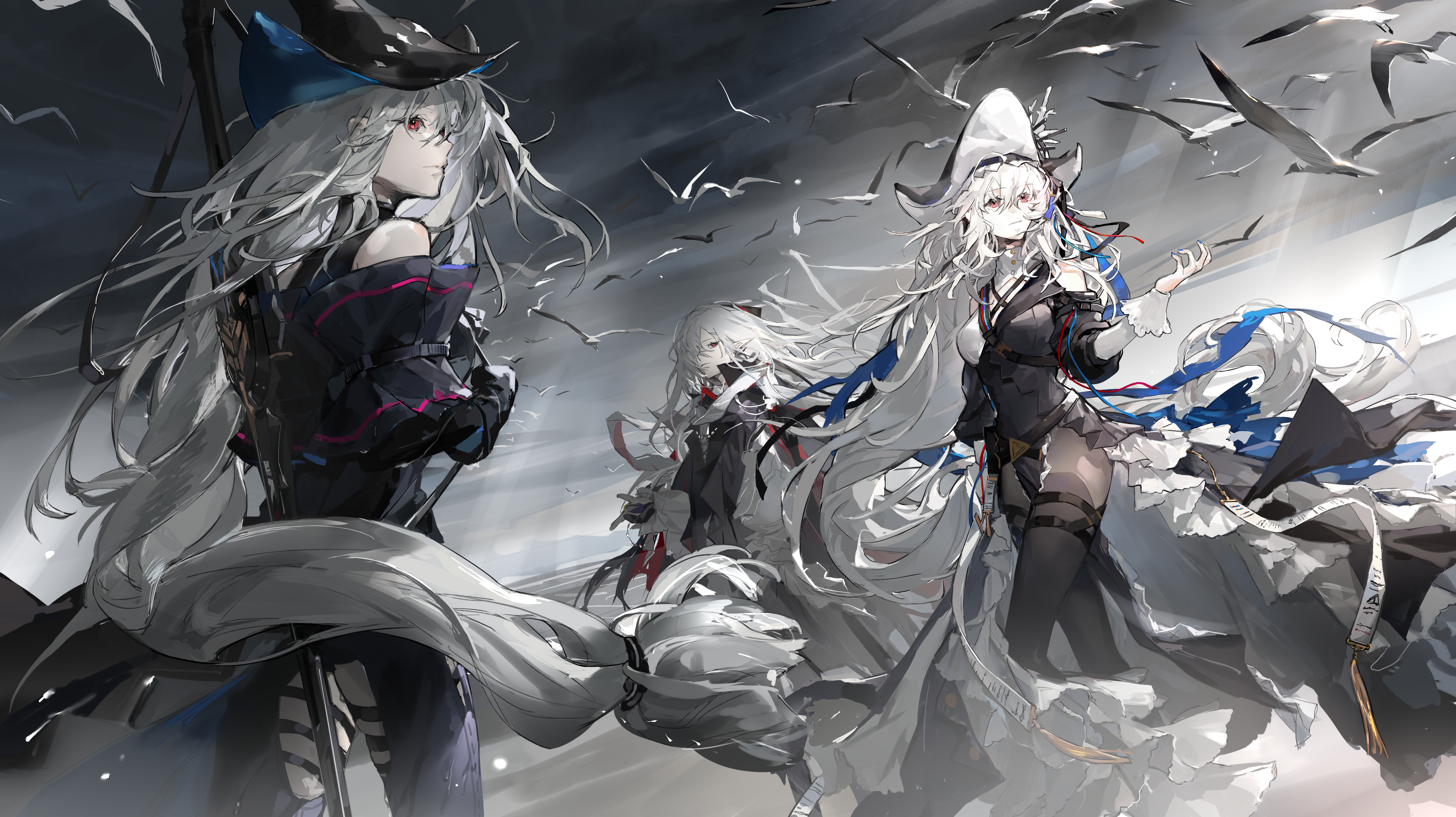 Anime 4395x2467 Arknights Specter(Arknights) long hair anime girls birds animals hat looking away dress pointy ears white hair hair over one eye red eyes
