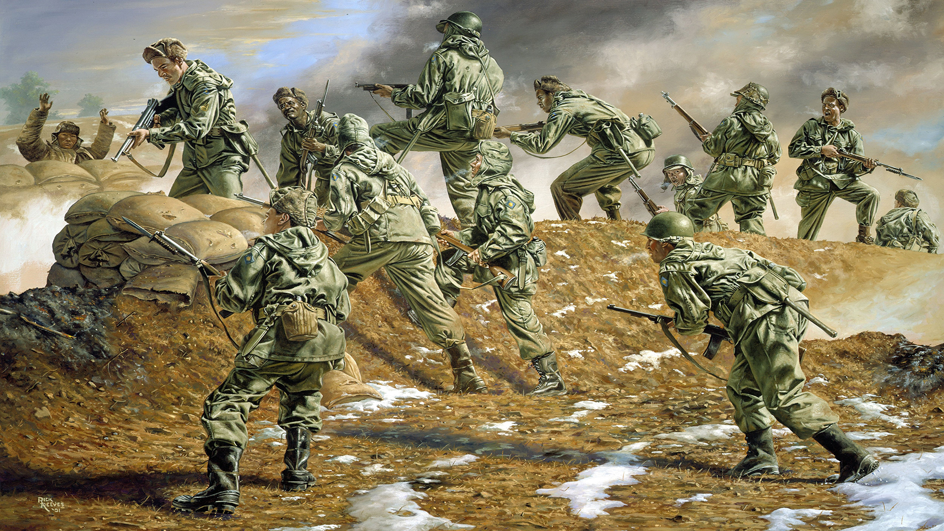 General 1920x1080 Korean War M1 Garand artwork military uniform gun men clouds smoke snow helmet sandbags signature