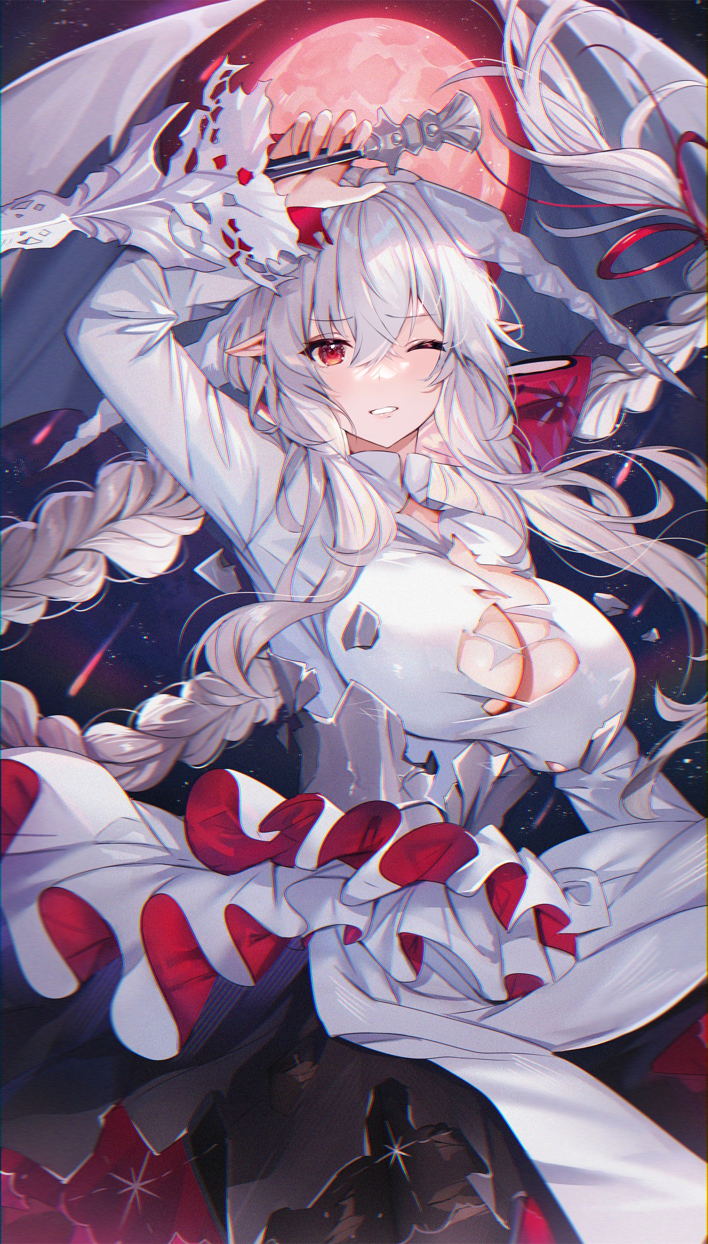 Anime 1390x2440 anime anime girls big boobs cleavage one eye closed long hair braids torn clothes looking at viewer Moon pointy ears red eyes portrait display red moon