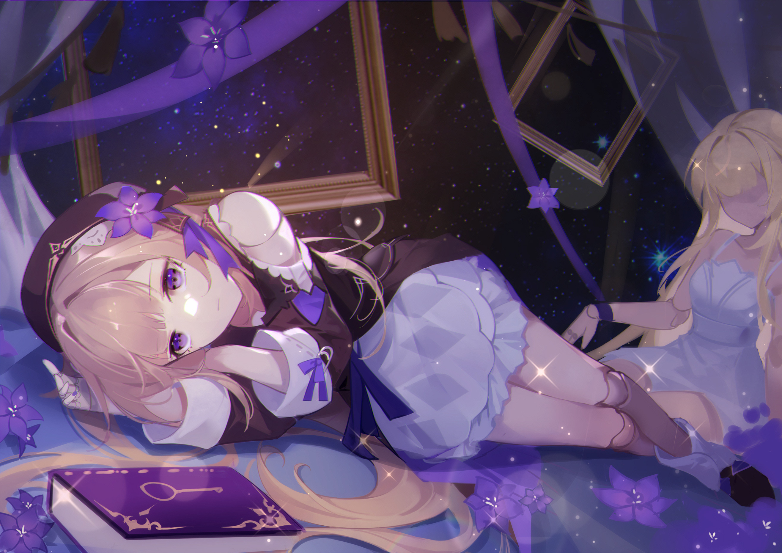 Anime 2631x1860 anime anime girls lying on side lying down books long hair flower in hair blonde purple eyes stars looking at viewer flowers doll picture frames