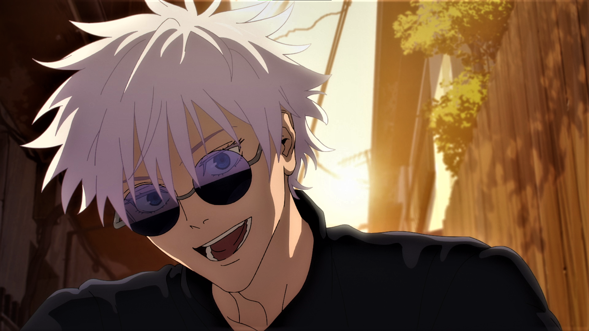 Anime 1920x1080 Jujutsu Kaisen Satoru Gojo white hair glasses sunlight trees smiling blue eyes anime Anime screenshot anime boys looking at viewer