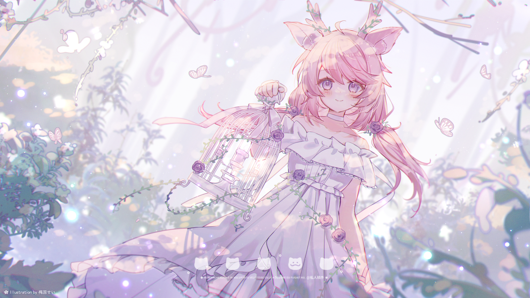 Anime 1778x1000 anime anime girls dress long hair smiling blushing cages looking at viewer butterfly insect leaves pink hair purple eyes signature choker