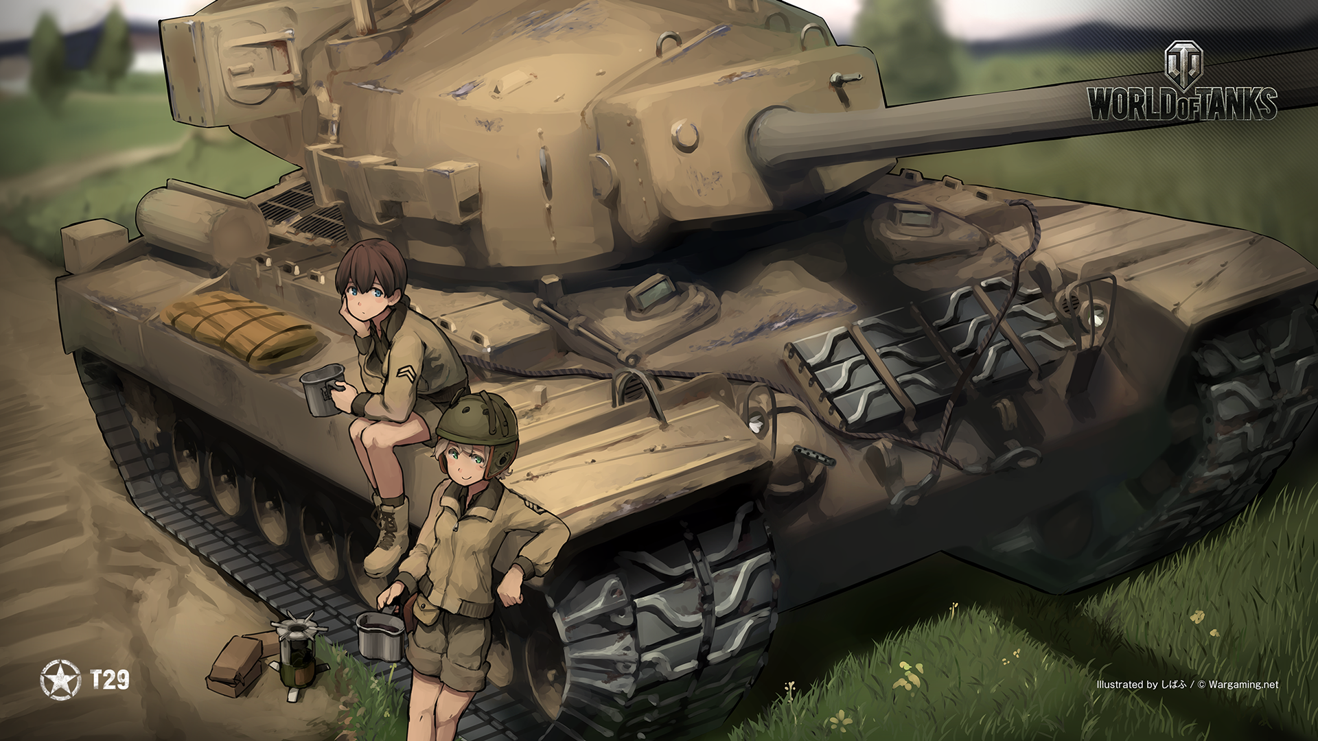Anime 1920x1080 World of Tanks Kantai Collection anime girls helmet grass military vehicle tank signature watermarked logo sitting looking at viewer uniform standing blurred blurry background