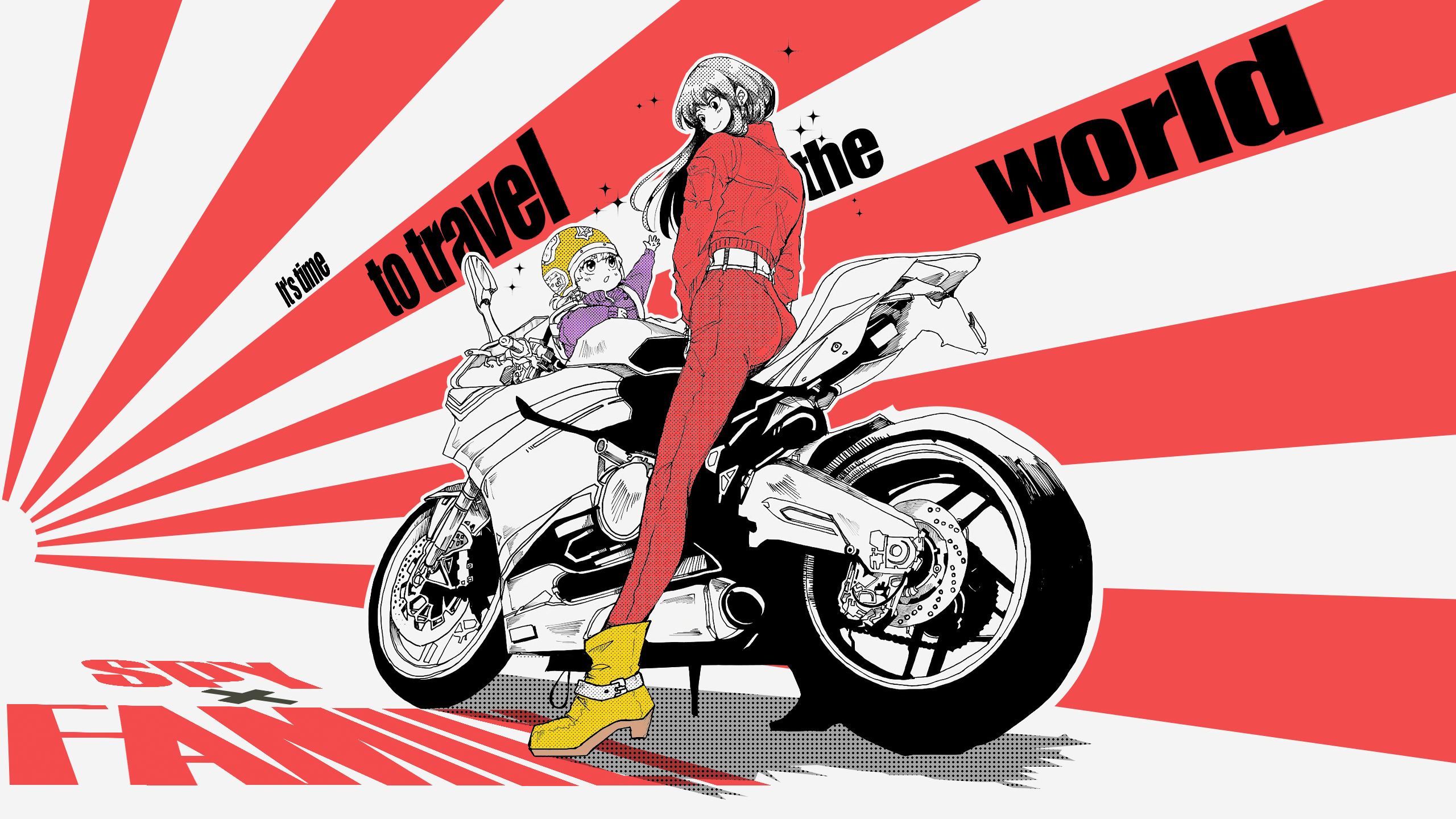 Anime 2560x1440 Yor Forger Anya Forger motorcycle Spy x Family perspective minimalism smiling anime girls selective coloring vehicle helmet simple background