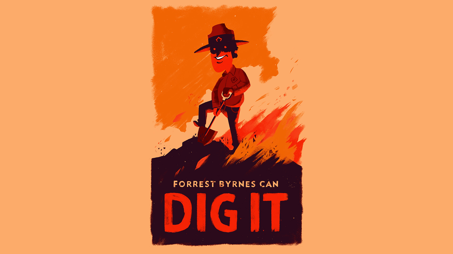 General 1920x1080 Firewatch video games poster bright simple background hat digital art shovels minimalism standing fire smiling yellow background uniform glowing eyes