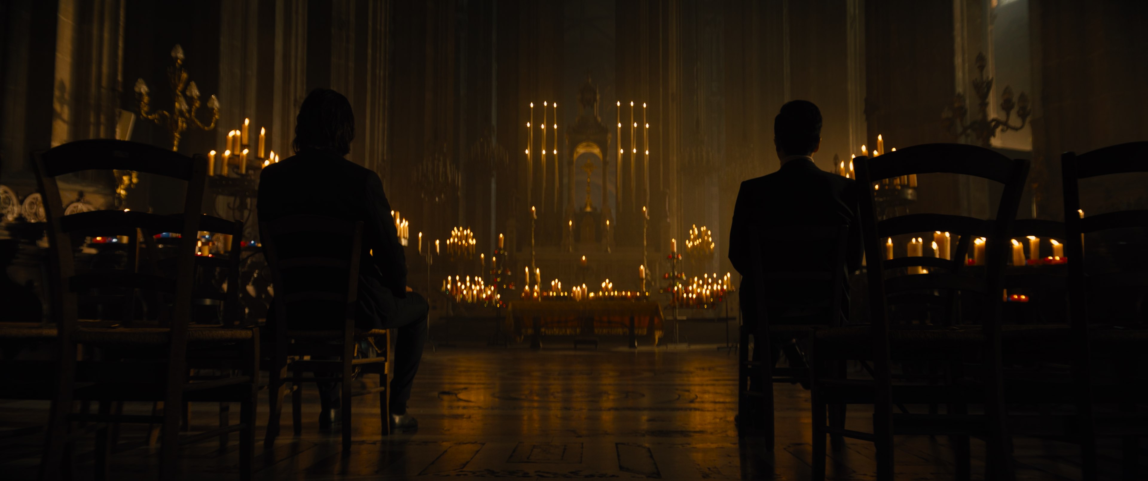 General 3840x1608 John Wick  John Wick Chapter 4 Donnie Yen Keanu Reeves church movies film stills chair candles interior sitting men