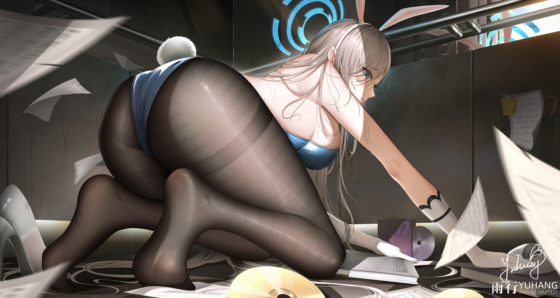 Anime 1920x1025 anime anime girls Asuna Ichinose bent over pantyhose bunny suit bunny ears bunny tail Blue Archive sideboob big boobs paper signature heels watermarked long hair feet discs ass blonde blue eyes blushing looking back looking at viewer gloves books Yuxing Yuhang