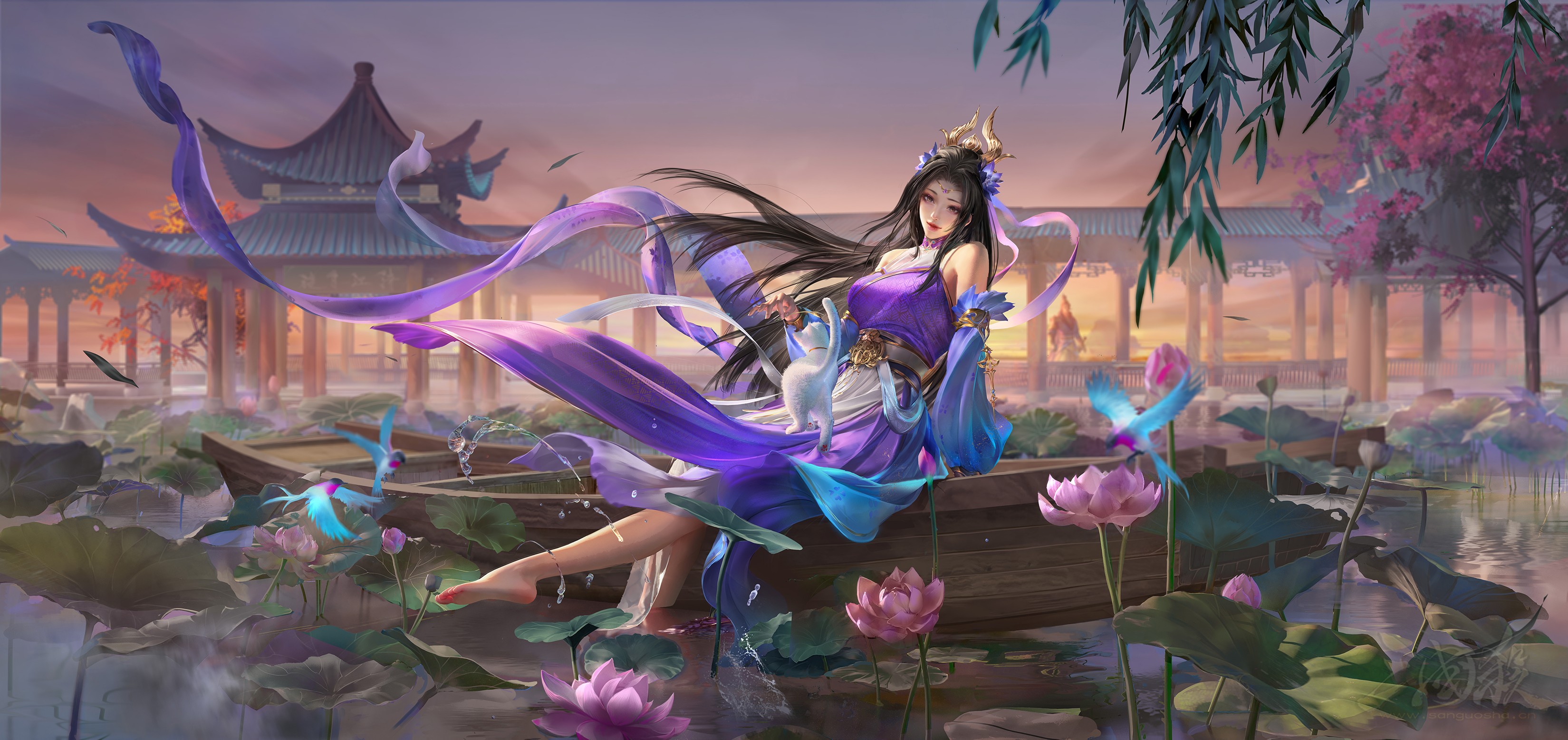 General 3299x1556 Three Kingdoms sanguosha flowers Asian women long hair video games video game characters water reflection video game art trees sitting looking at viewer smiling boat