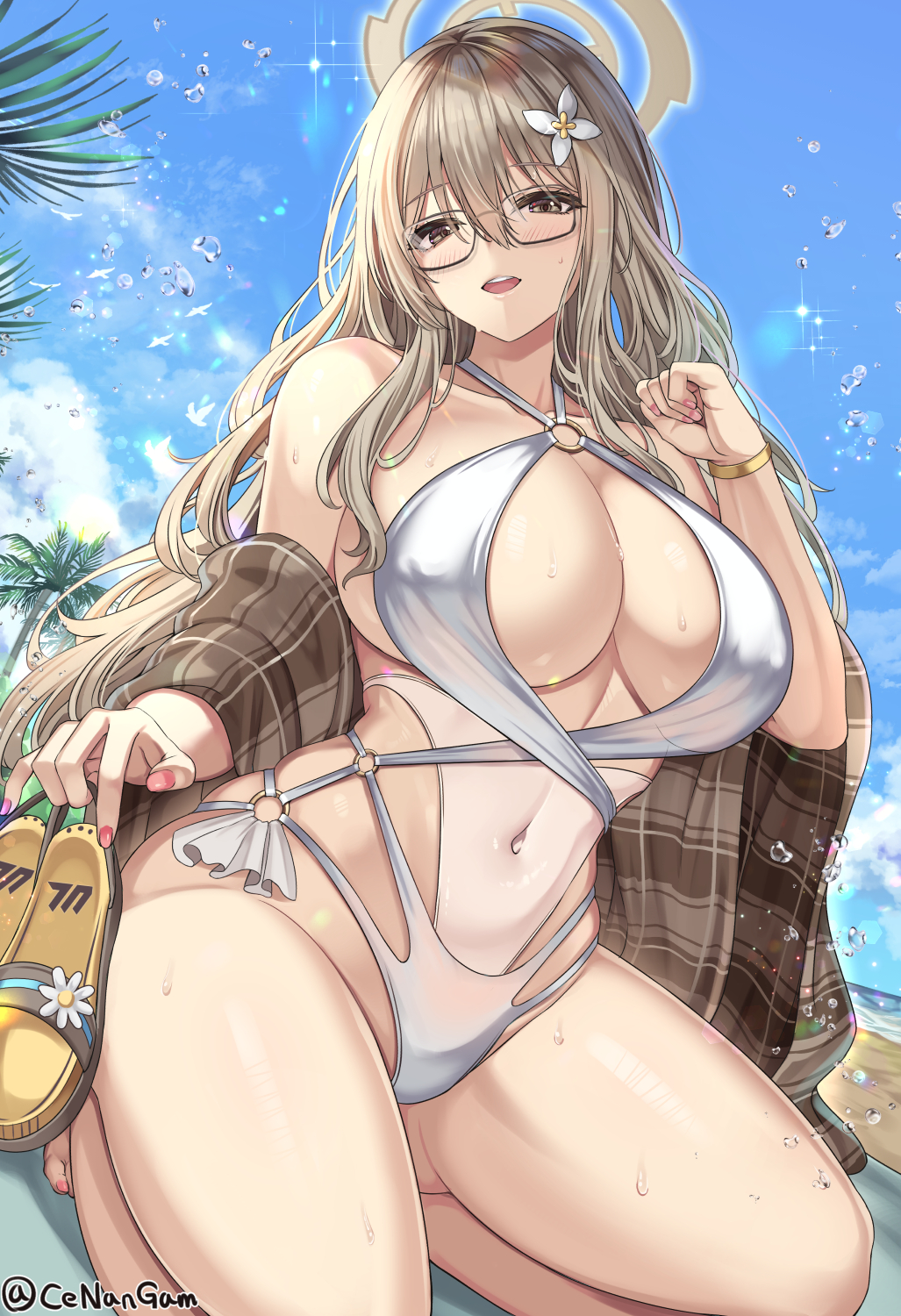 Anime 1027x1500 Cenangam swimwear portrait display anime girls one-piece swimsuit clouds white swimsuit long hair huge breasts palm trees cleavage thick body looking at viewer thighs glasses flower in hair water drops kneeling hair ornament beach Murokasa Akane sandals Blue Archive smiling bare shoulders water open clothes bracelets sky women on beach women outdoors sea