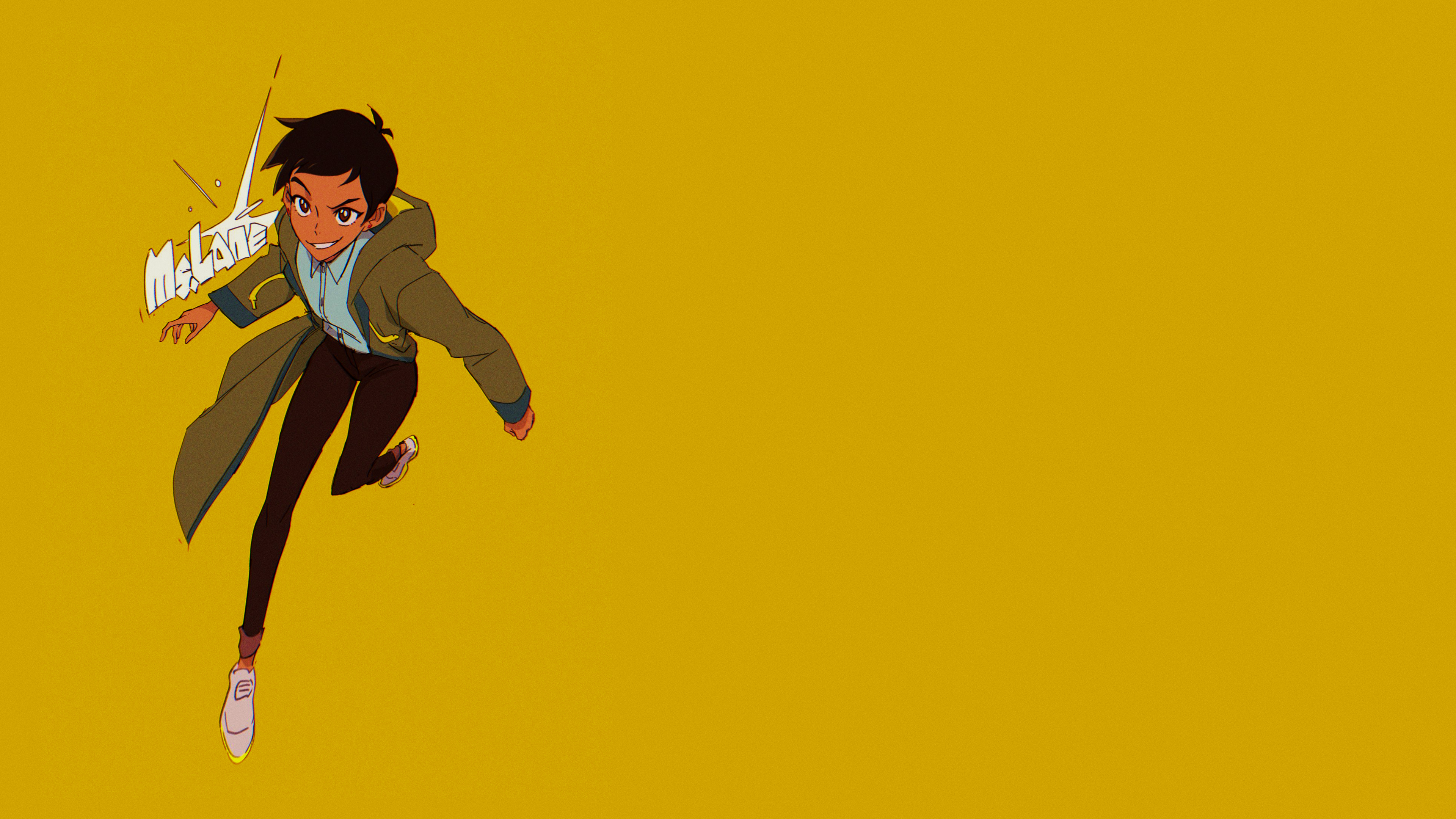 General 3840x2160 My Adventures with Superman Lois Lane jacket blouses white blouse black pants text Superman buttons tight clothing tight pants earring brown eyes hoods smiling teeth dark hair sketches simple background yellow background eyebrows minimalism shoes sneakers