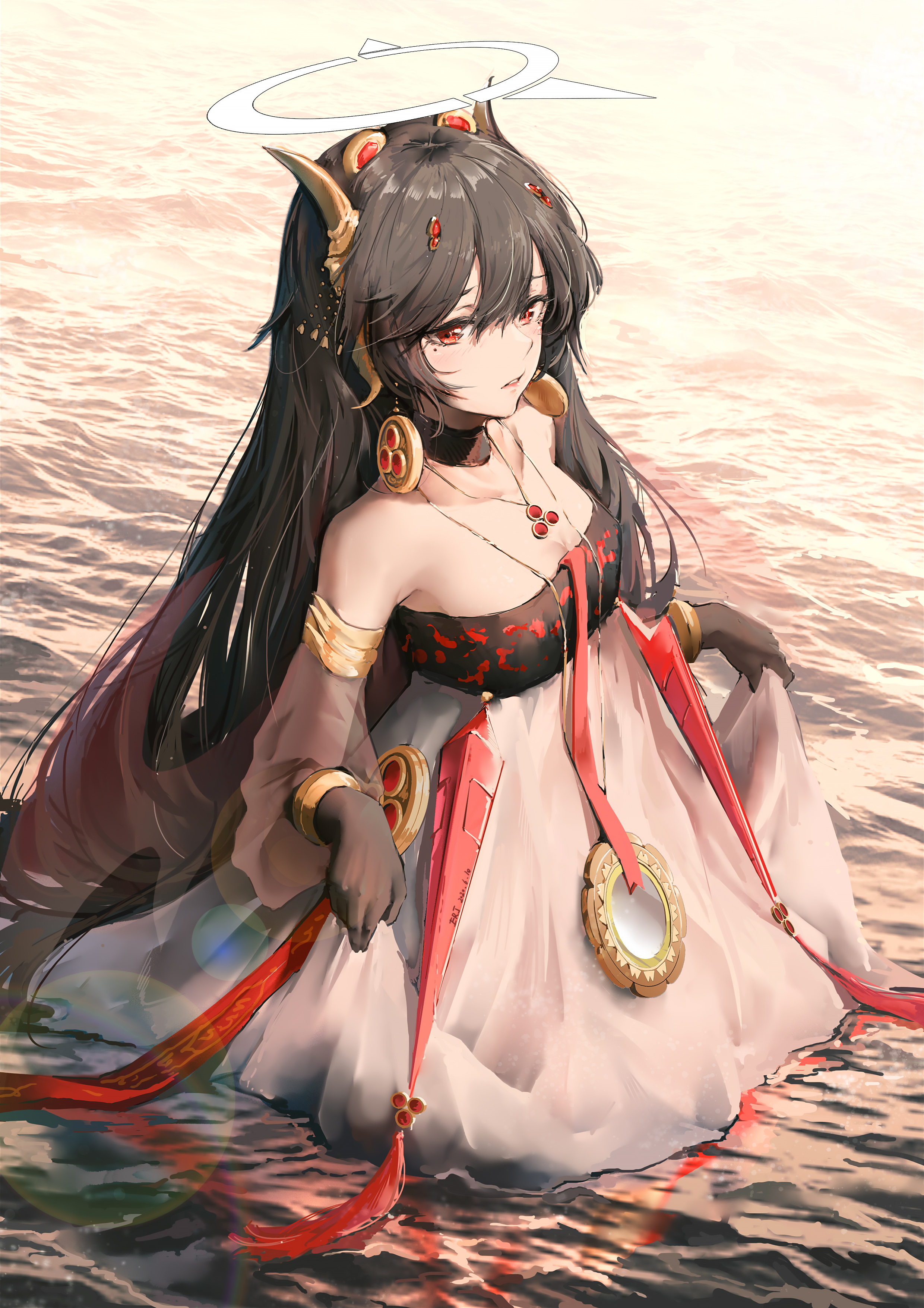 Anime 2480x3508 anime anime girls Punishing: Gray Raven portrait display long hair water standing in water looking at viewer necklace moles mole under eye earring black hair red eyes lifting dress signature bare shoulders
