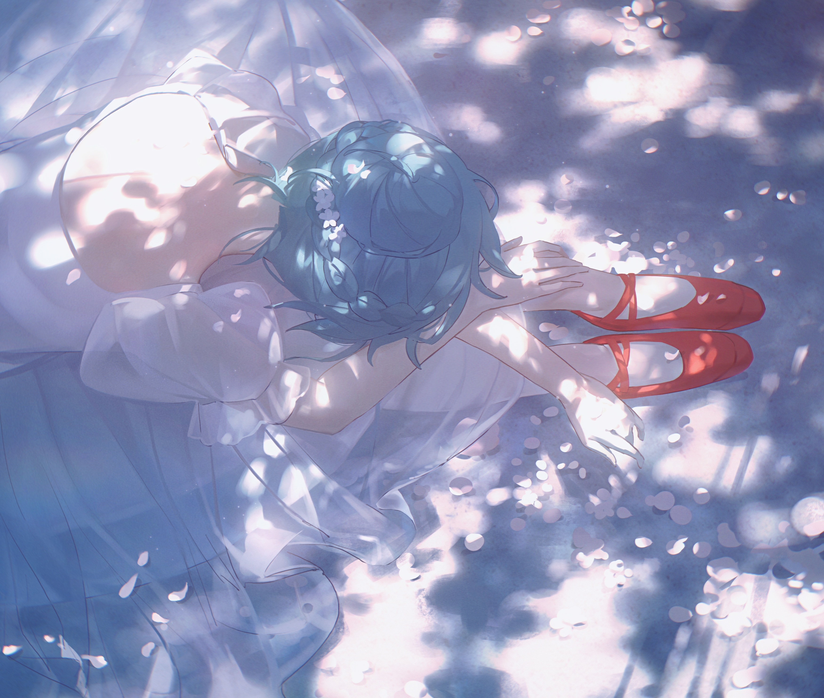 Anime 3502x2967 Pixiv anime anime girls blue hair flower in hair sunlight petals