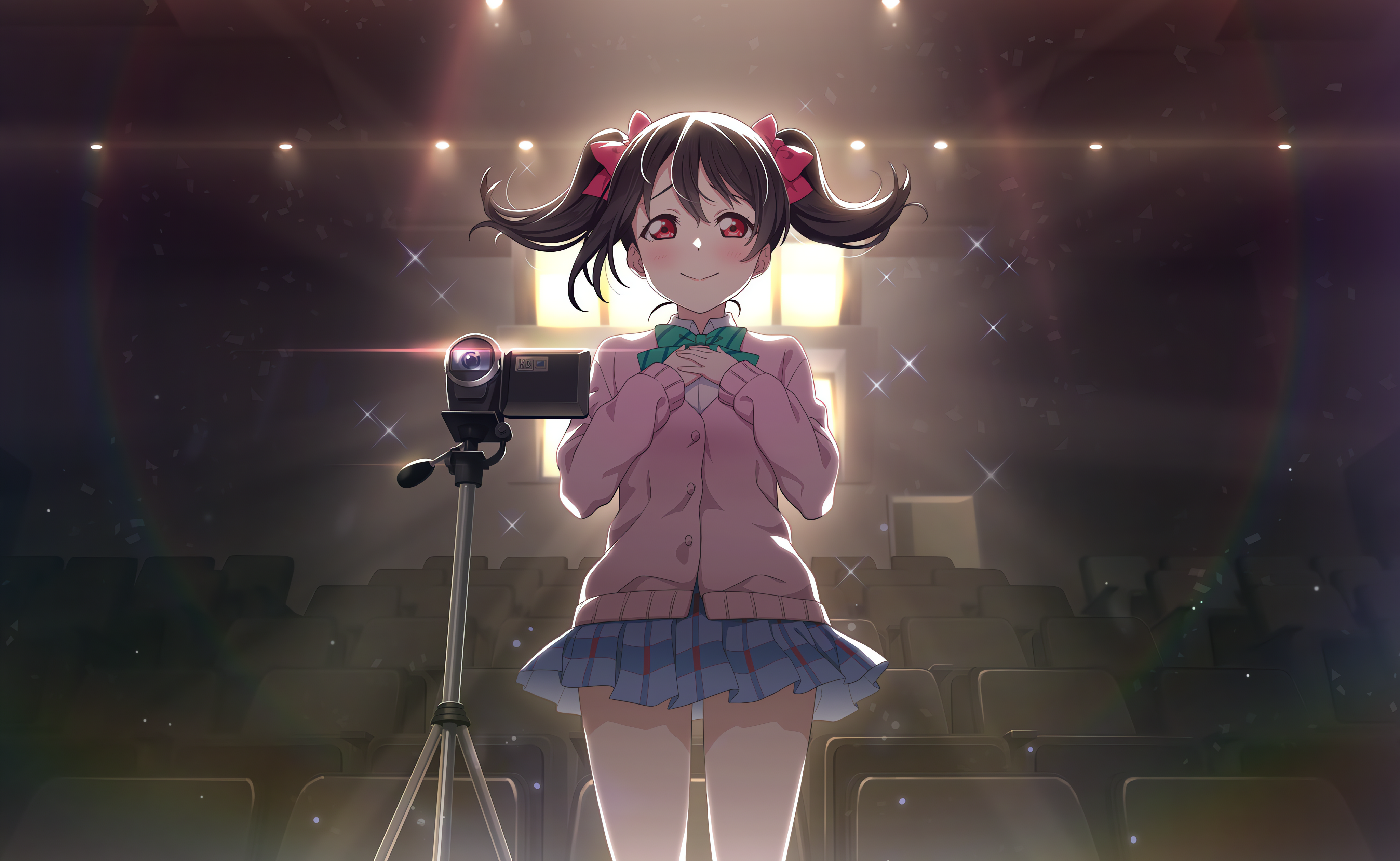Anime 4096x2520 Yazawa Nico Love Live! anime anime girls schoolgirl school uniform bow tie looking at viewer twintails stars camera lights smiling blushing