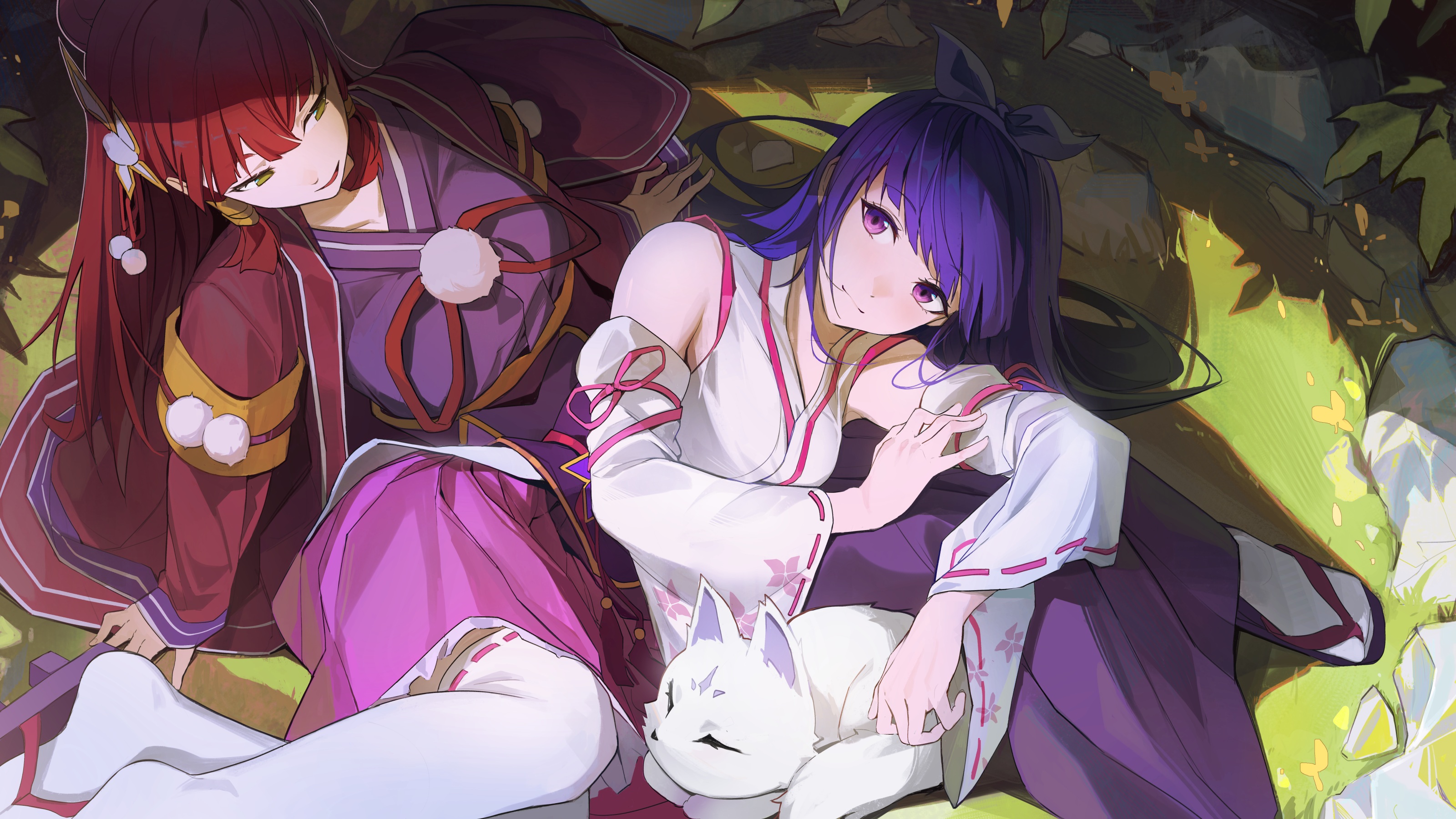 Anime 3200x1800 anime anime girls lying down lying on side stockings long hair purple hair purple eyes redhead green eyes grass fox animals smiling leaves
