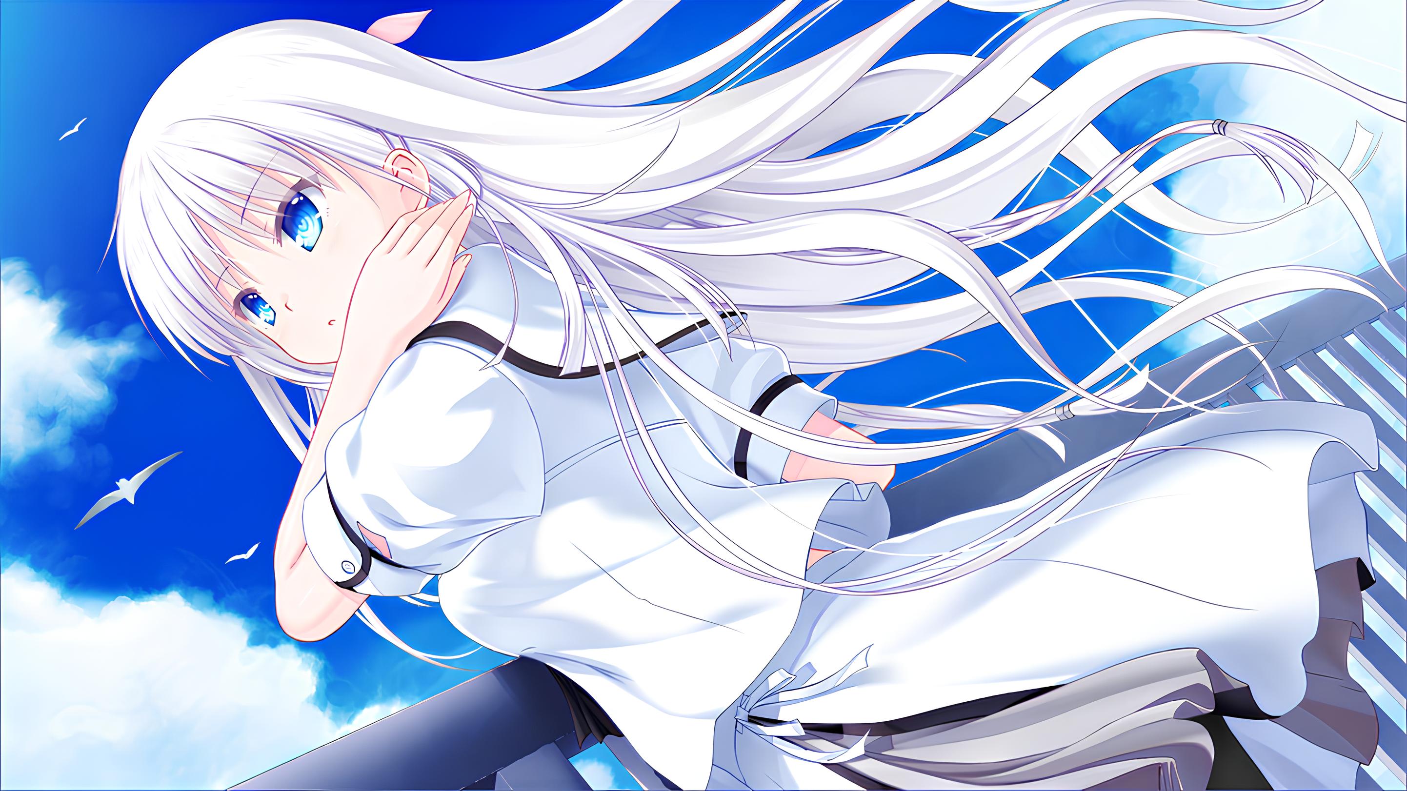 Anime 2884x1622 Summer Pockets anime girls long hair white hair blue eyes looking away uniform sky clouds birds animals standing hair blowing in the wind