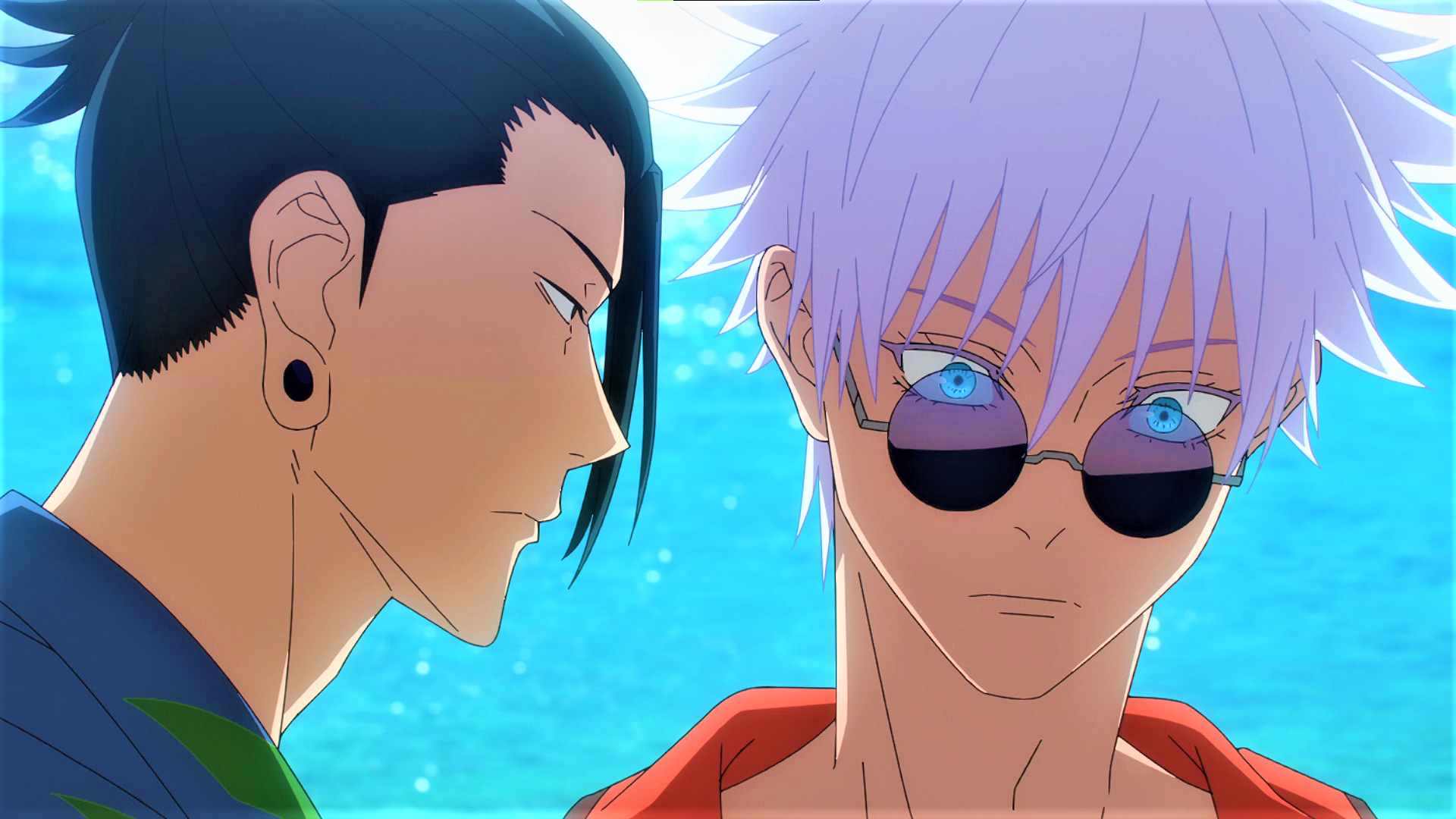 Anime 1920x1080 Jujutsu Kaisen Satoru Gojo Suguru Geto glasses white hair blue eyes earring water anime anime screenshot anime boys