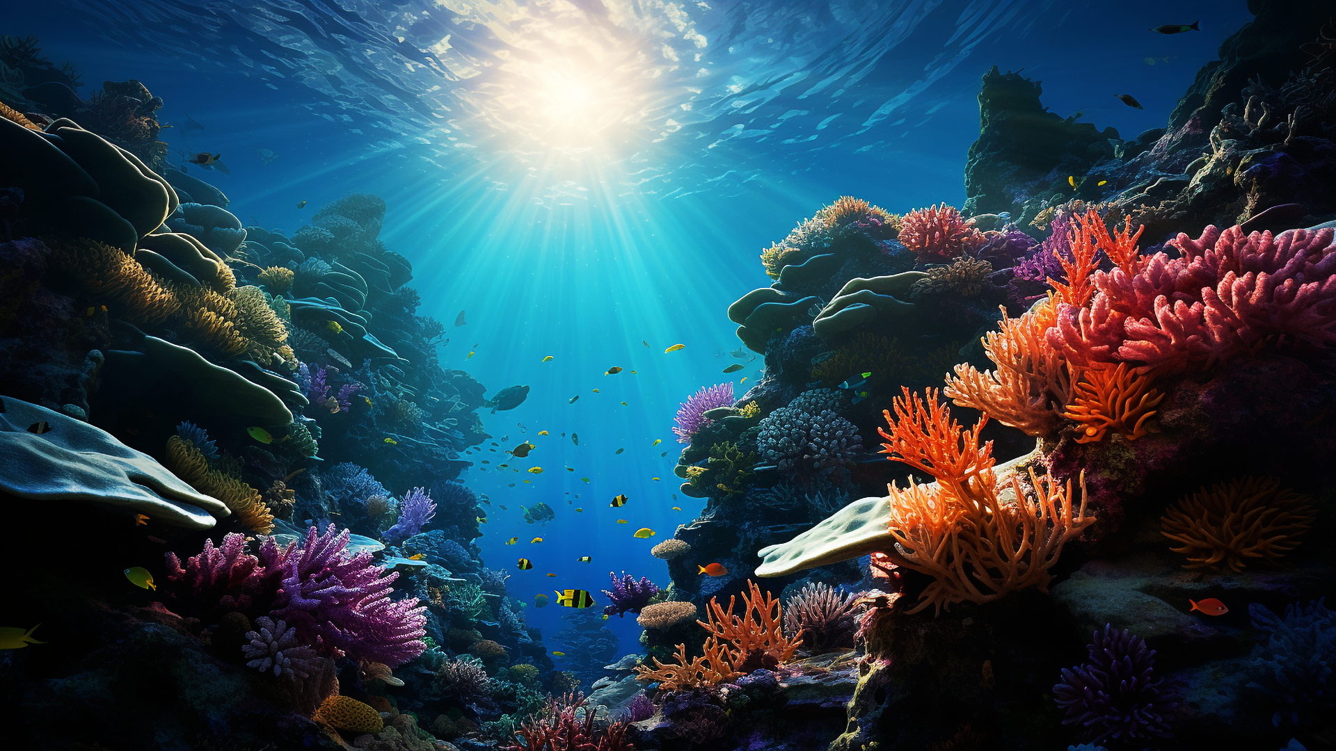 General 1920x1080 AI art blue background underwater coral fish digital art sunlight animals water nature